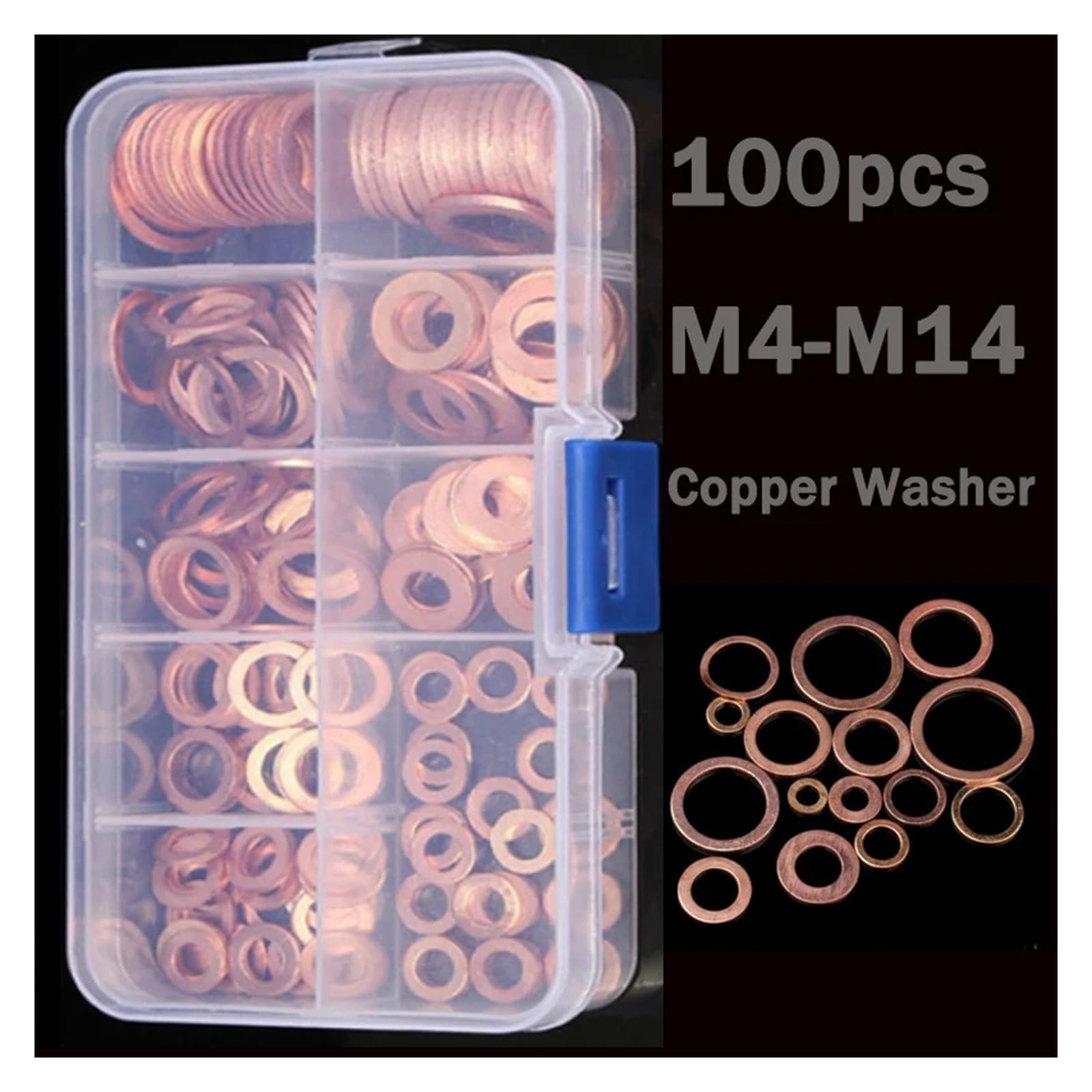 Unterlegscheiben aus Messing, 100-teiliges Kupfer-Unterlegscheiben-Dichtungs-Mutter- und Schrauben-Set, flaches Ringdichtungs-Sortiment-Set mit Box M4/M5/M6/M8/M10/M12/M14 for Ölwannenstopfen