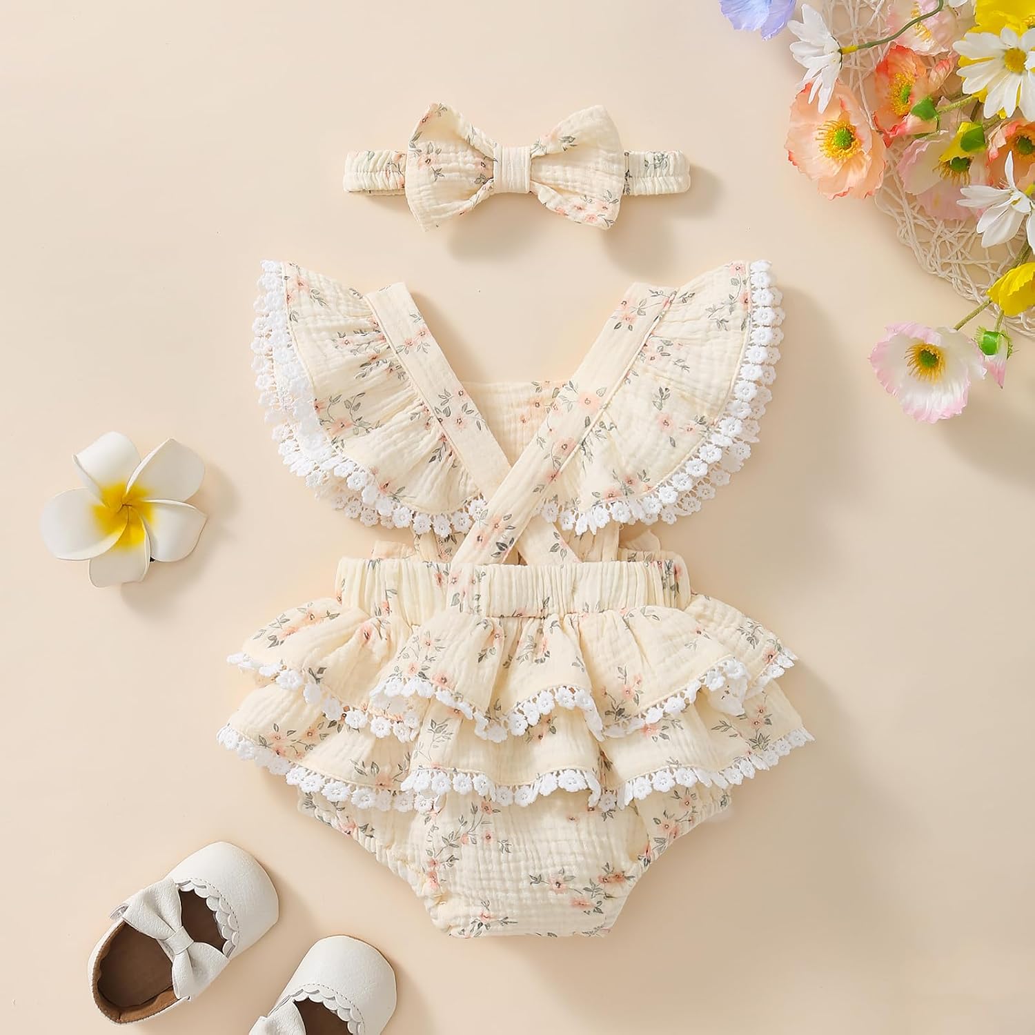 Baby Girl Summer Clothes Ruffle Sleeve Cotton Linen Romper Dress Infant Girls Lace Trim Jumpsuit with Headband
