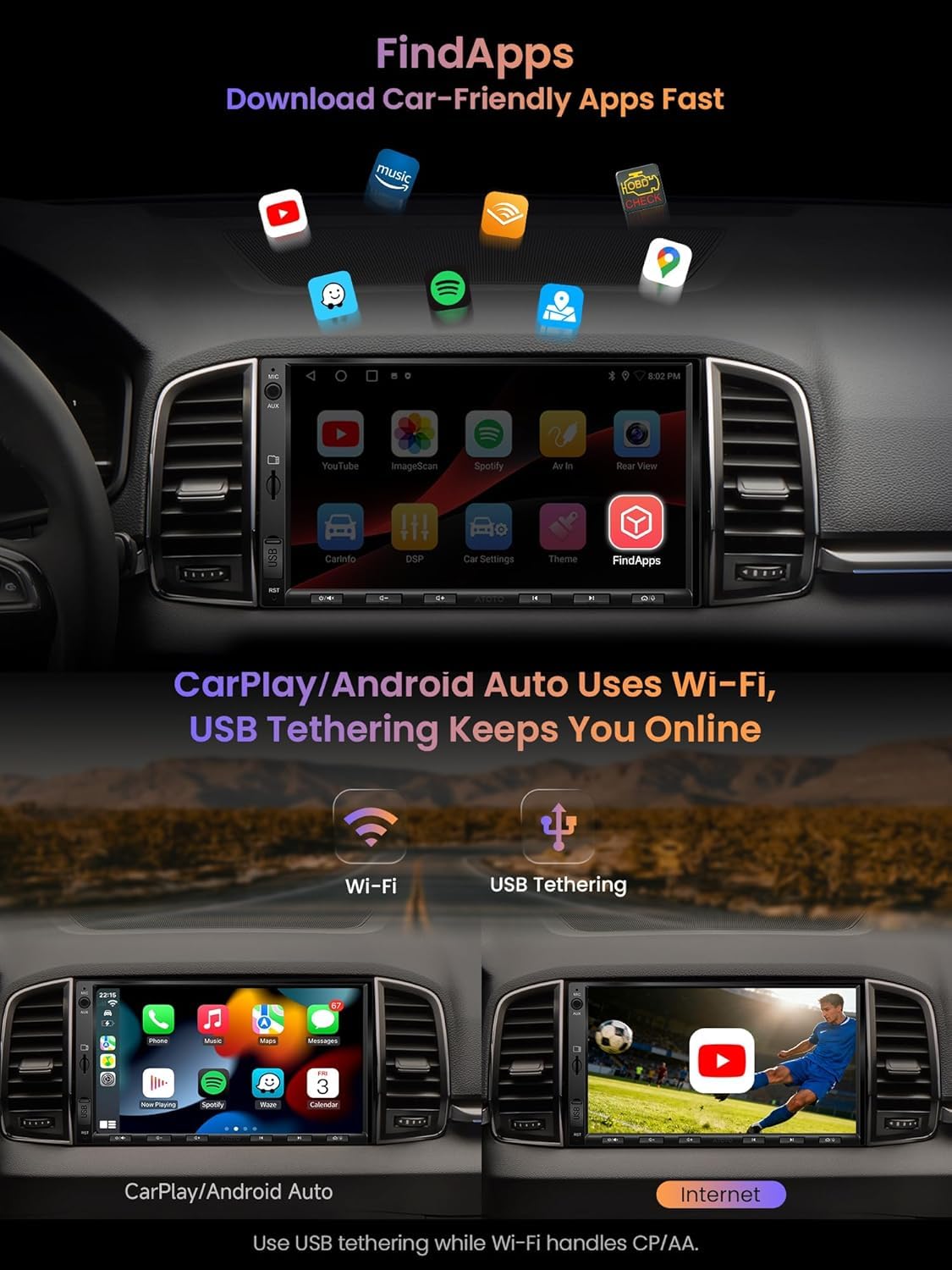 ATOTO A5 Autoradio 2 Din Android, 7" Touchscreen Sistemi multimediali, Wireless CarPlay e Android Auto, Tethering de WiFi/Bluetooth/USB, Telecamera di backup, MirrorLink, 24B-EQ DSP, 2G+32G, FM/RDS