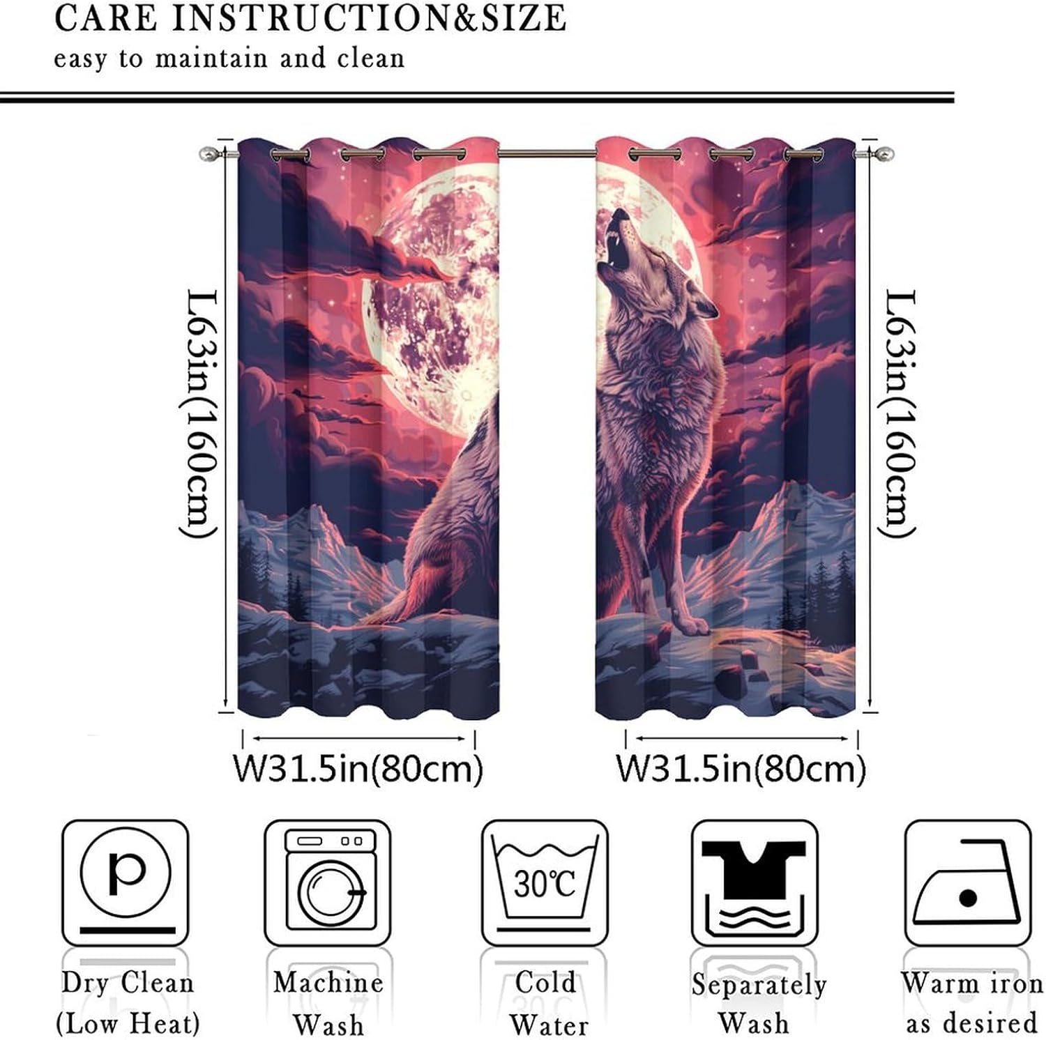 Fantasy Star Moon Wolf Blackout Curtains for Bedroom/Living Room, Night Starry Sky Animal Grommet Curtains Thermal Insulated Window Drapes, 2 Panels, Each 31.5W x 63L