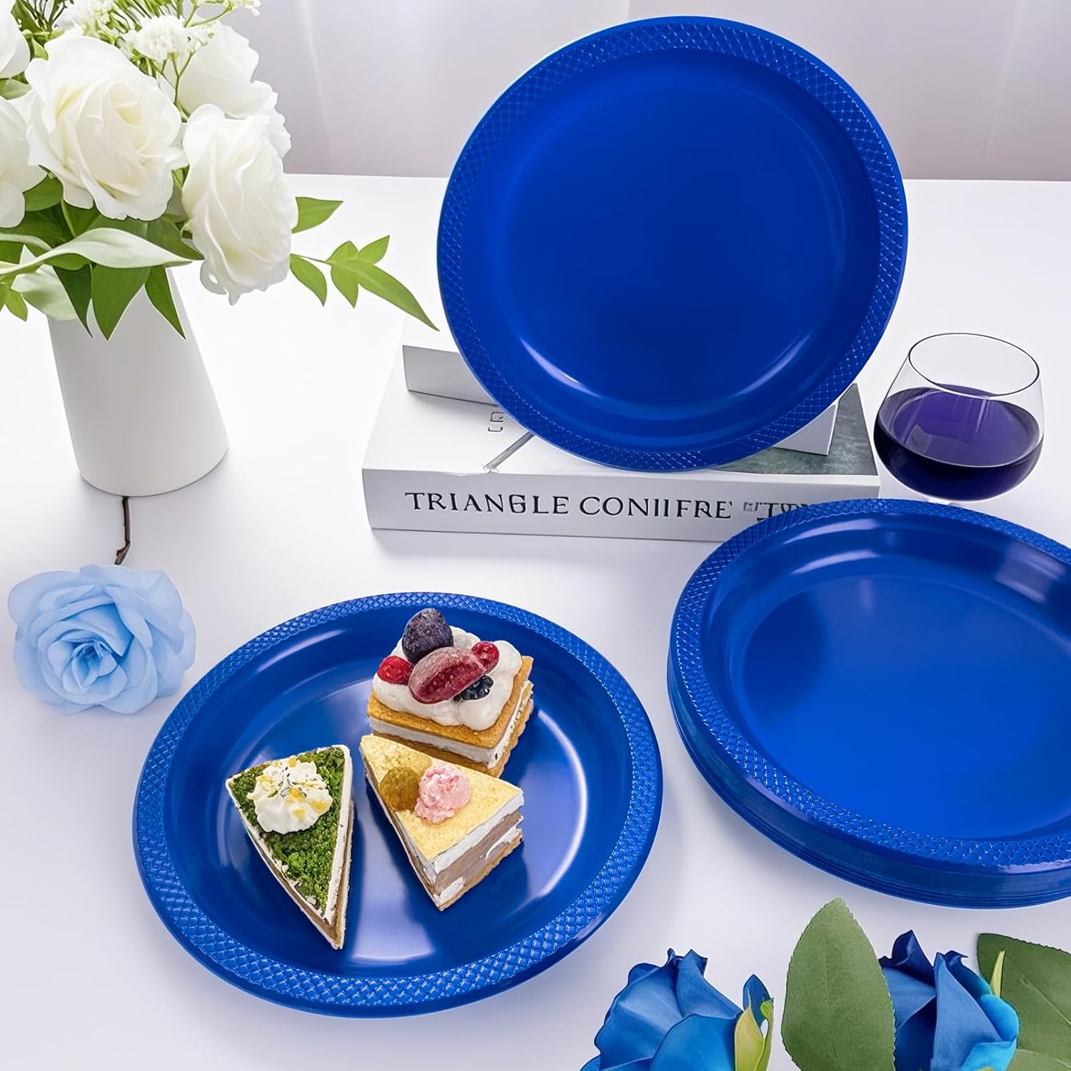 WELLIFE Royal Blue Party Plates 9 Inch -150 Count, Disposable Plastic Dark Blue Dinner Plates for Party Dessert Cake Appetizer - Image 5