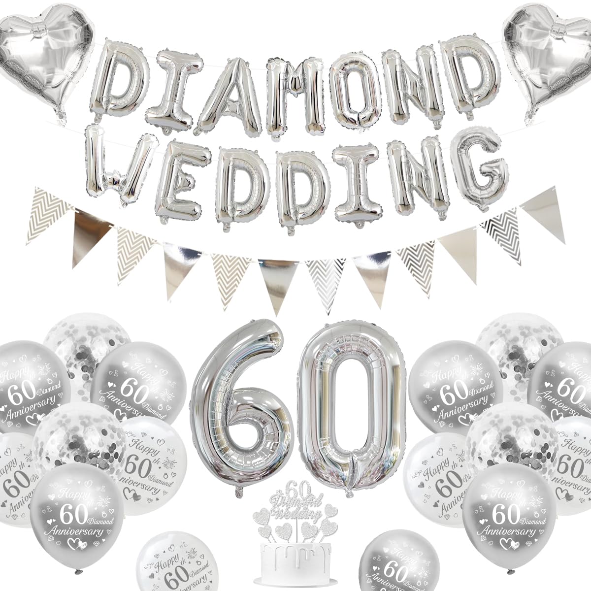 Decoracion Bodas Diamante, Decoracion Aniversario Bodas 60 años Globos Bodas Diamante 60 Globos Happy 60th Anniversary Globos Blancos Plateados Metálicos Pancarta 60 Diamond Wedding Cake Topper