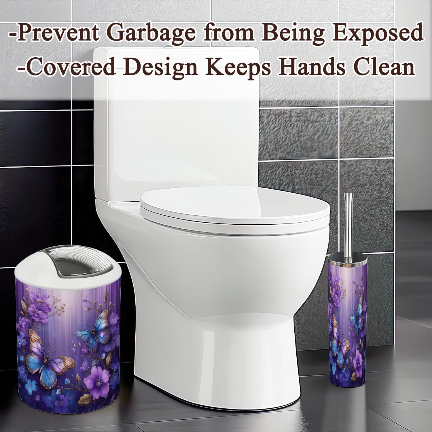 Bathroom Accessories Set 6 Pcs Purple Floral Butterfly Modern Elegant Butterflies Purple Flowers Gold Toothbrush Holder Cup Soap Dispenser Soap Dish Toilet Brush Holder Trash Can for Countertop Decor