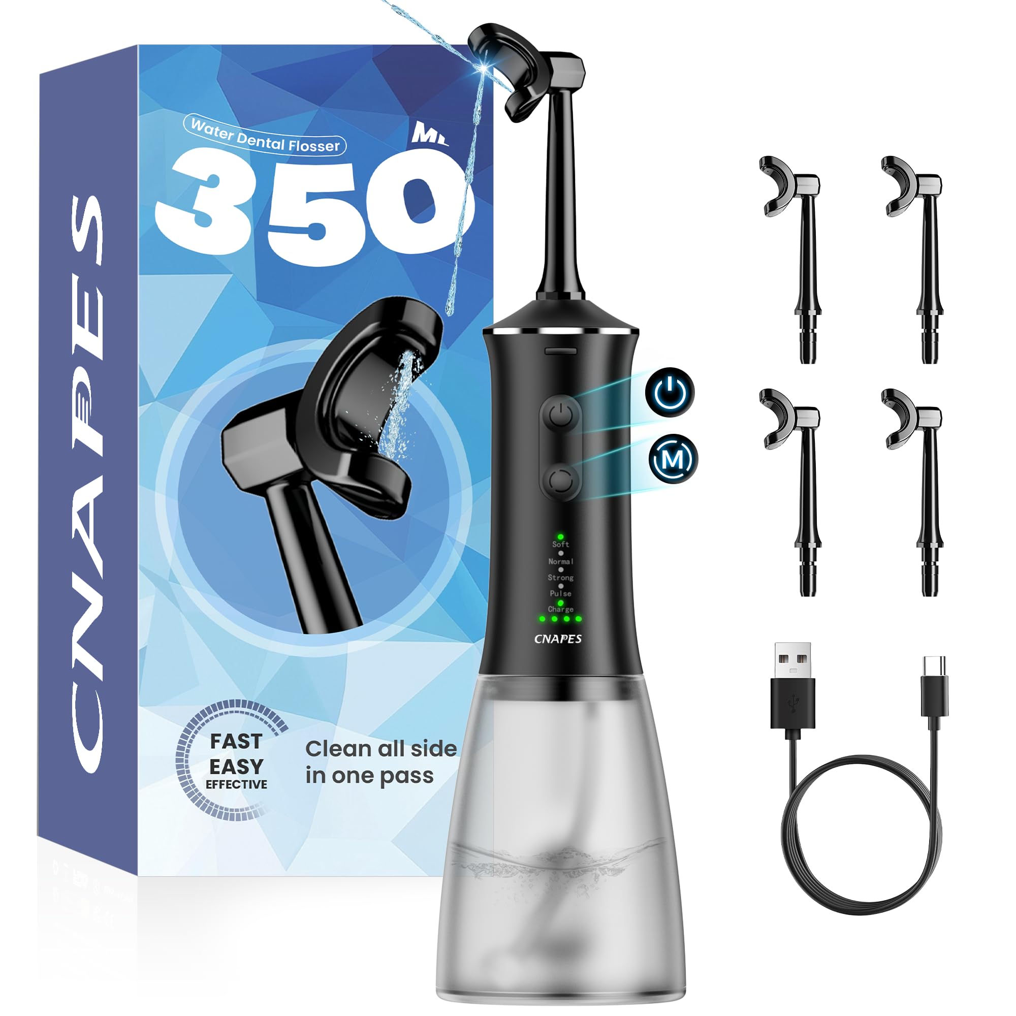 Irrigador bucal inalámbrico para dientes, boquilla en forma de U que limpia profundamente el interior y el exterior, 4 modos, tanque grande de 350 ml, impermeable IPX7, irrigador oral portátil
