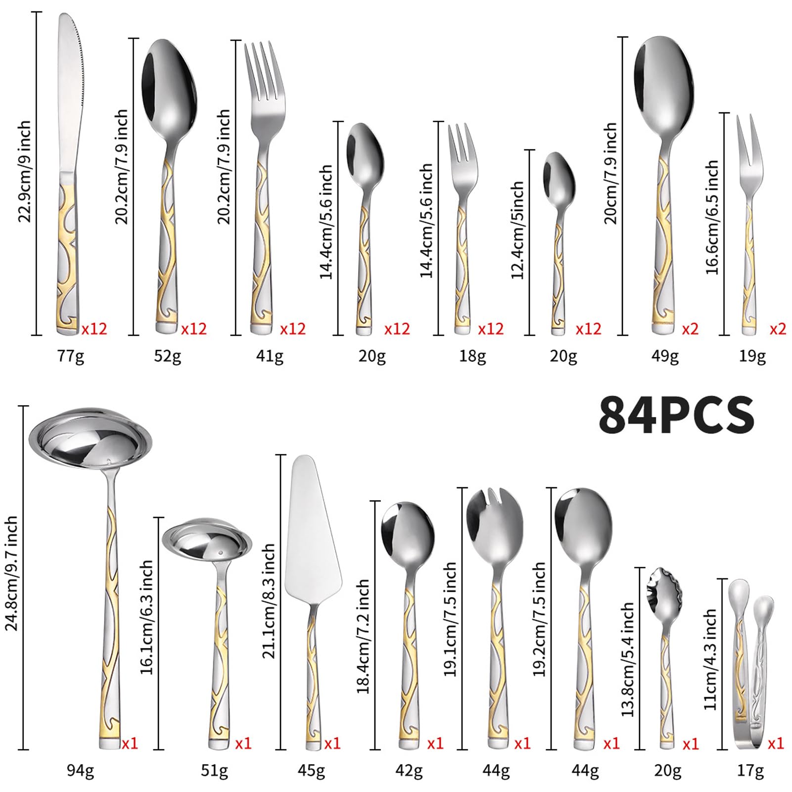 set de couverts 72/84 pièces avec des accents dorés, service de table 12 personnes pour événements, fêtes, mariages servant, lavable au lave-vaisselle(Size:84 pcs,Color:C)