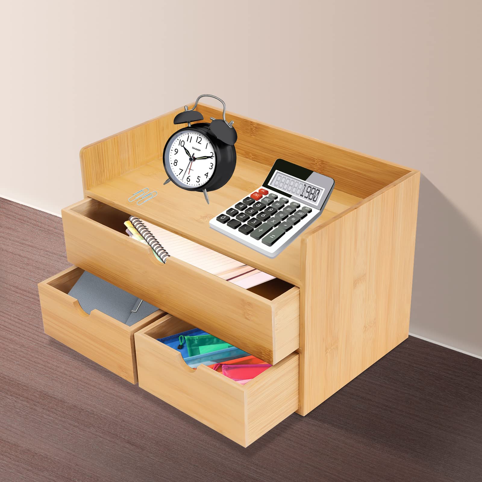 Organizer da scrivania in bambù con 3 cassetti, mini scrivania in bambù, cassetto da tavolo, ordina cassetti, organizzazione su 2 a partire da 1 pareggio, per ufficio, casa, articoli da toeletta