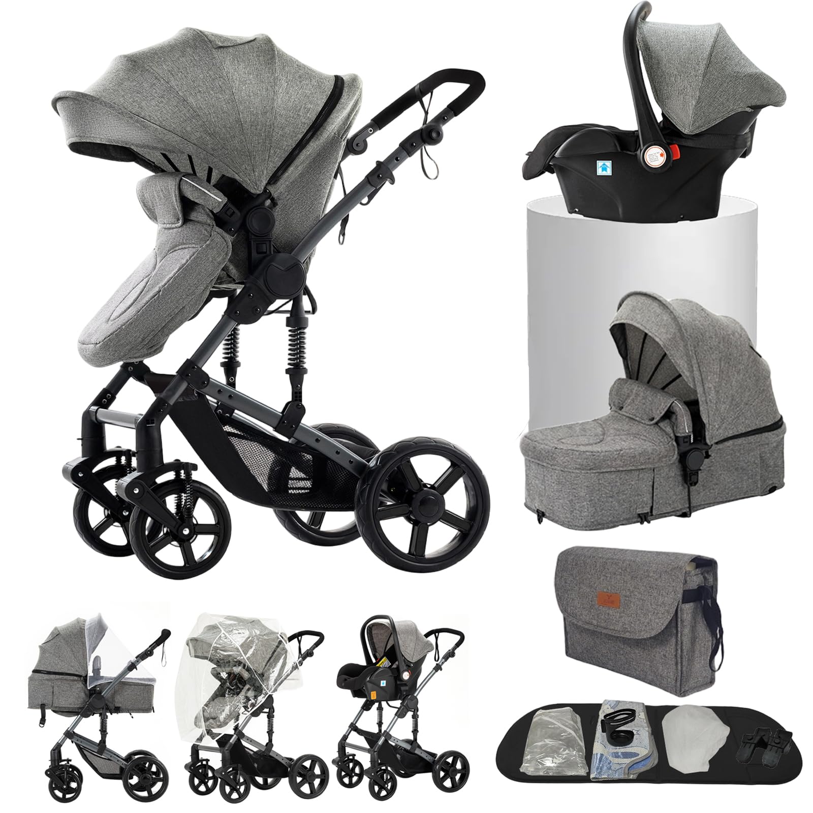 Poussette 3 en 1, poussette bidirectionnelle, nacelle cosy et capote inclus, pour naissance bébés de 0 a 3 ans (Gris)