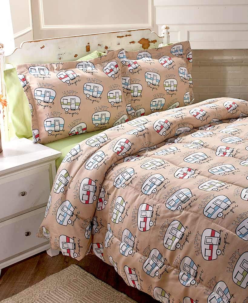 The Lakeside Collection Happy Camper Comforter Set - Cute Bedding for Outdoor Lovers, Kids, Teens - King, Beige