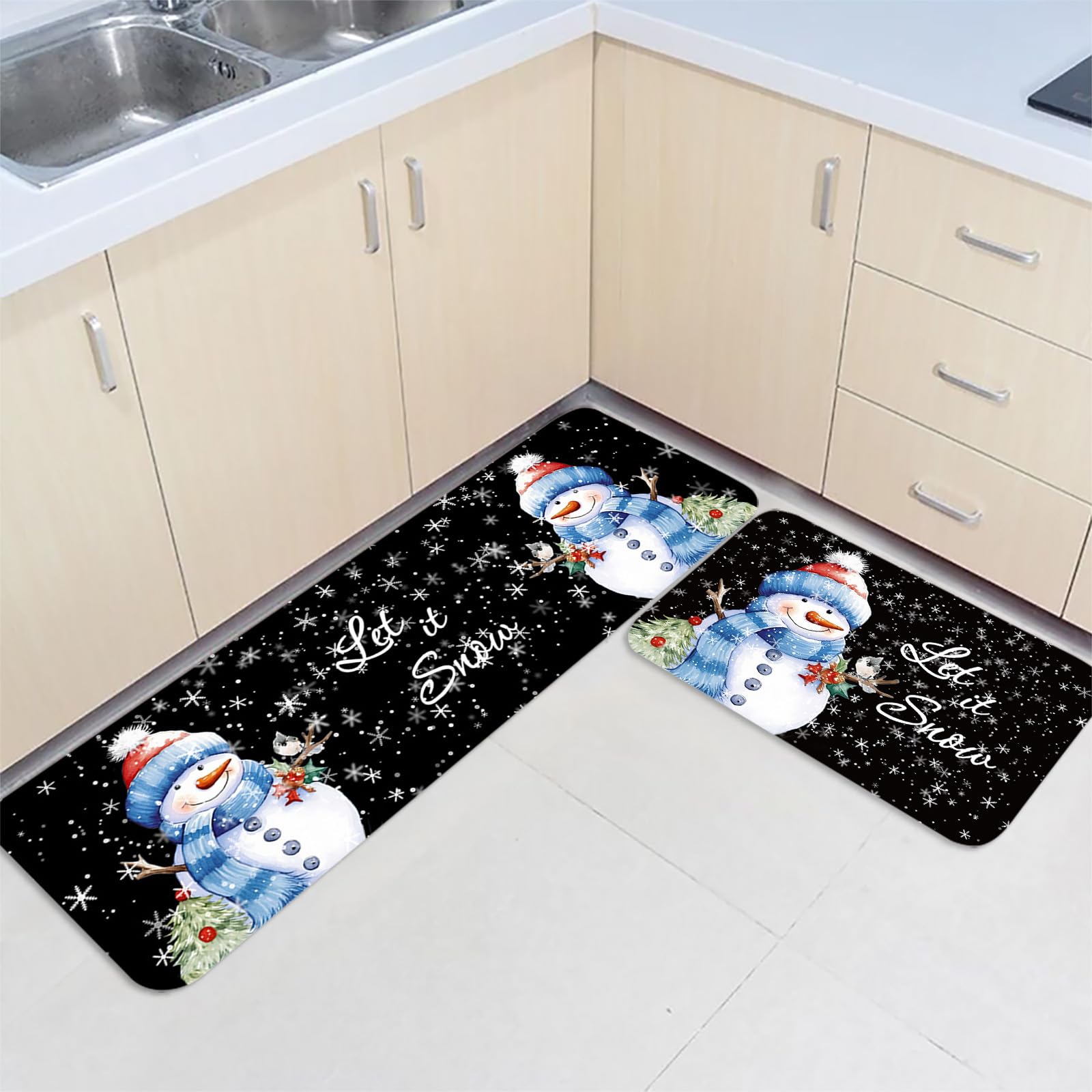 Gsypo Christmas Kitchen Rugs Set of 2, Snowman Snowflake Black Kitchen Mats for Floor Merry Christmas Standing Floor Mat, Low-Profile Runner Rug for Xmas Winter Holiday Decorations, 16
