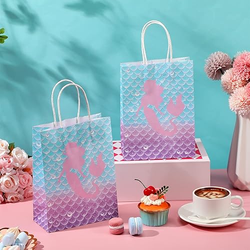 Miniatura 6 de Jectivs 16 bolsas de recuerdo de fiesta de cumpleaños de sirena, bolsas de regalo de papel kraft con asas para niños, suministros de fiesta de baby