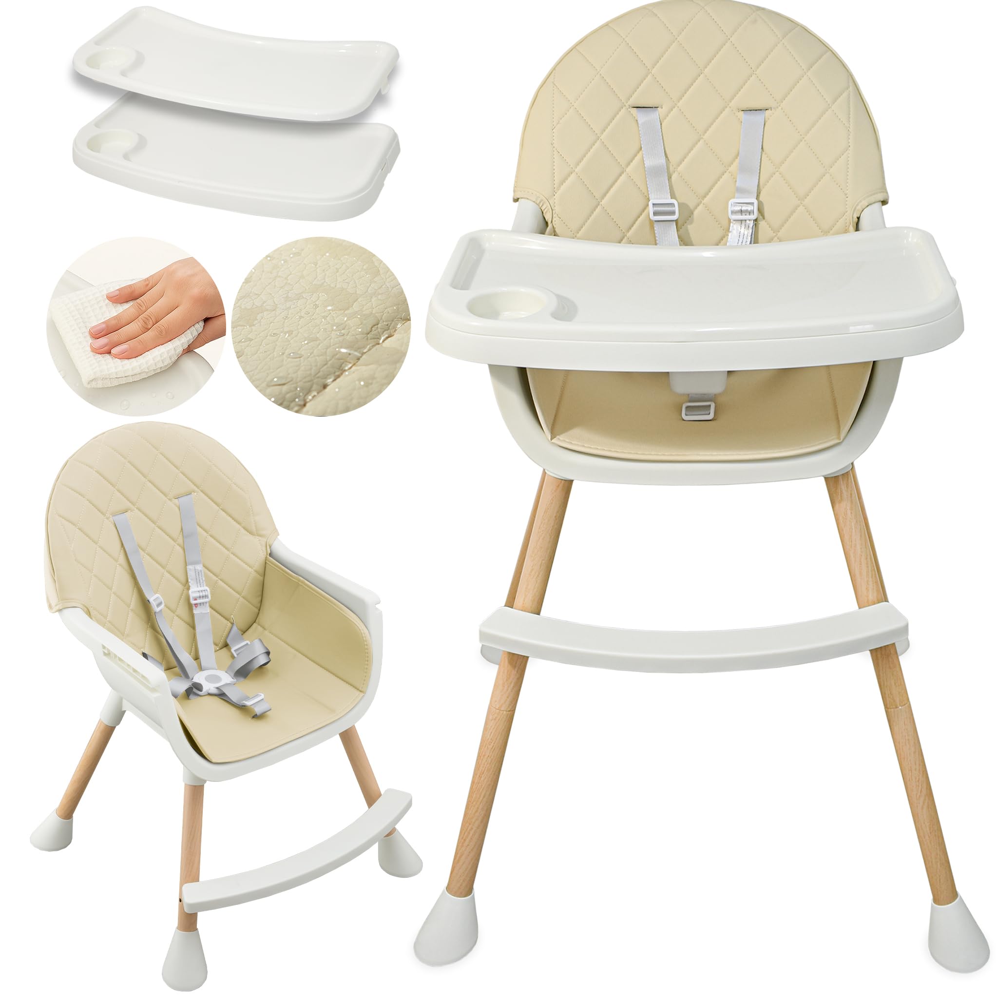 ALMAR Baby Trona para bebe beige convertible en silla 2 en 1 con asiento acolchado y bandeja trona para comer evolutiva de 6 a 36 meses