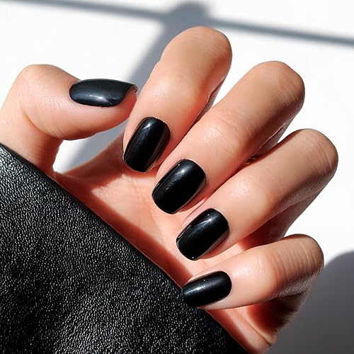 Glamnetic Press On Nails - Jet Black | Short Squoval Black Fake Nails with a Glossy Finish, Salon Quality Halloween Nails | 15 Sizes - 30 Nail Kit with Glue