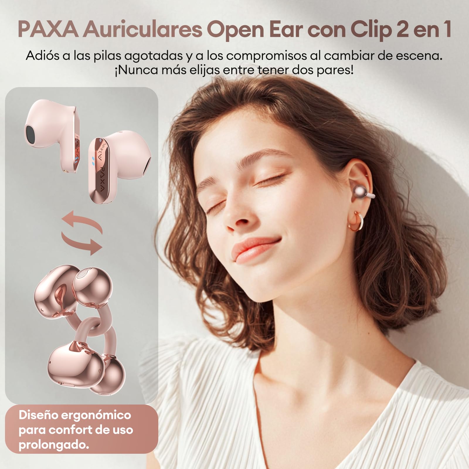 2 en 1 Doble Auriculares Inalámbricos Bluetooth 6.0 0 Latencia, Audifonos Deportivos Abiertos con Clip, 140H Autonomía, Reconocimiento L/R, Reducción Ruido Híbrido Trabajo/Deporte/Diario, Oro Rosa