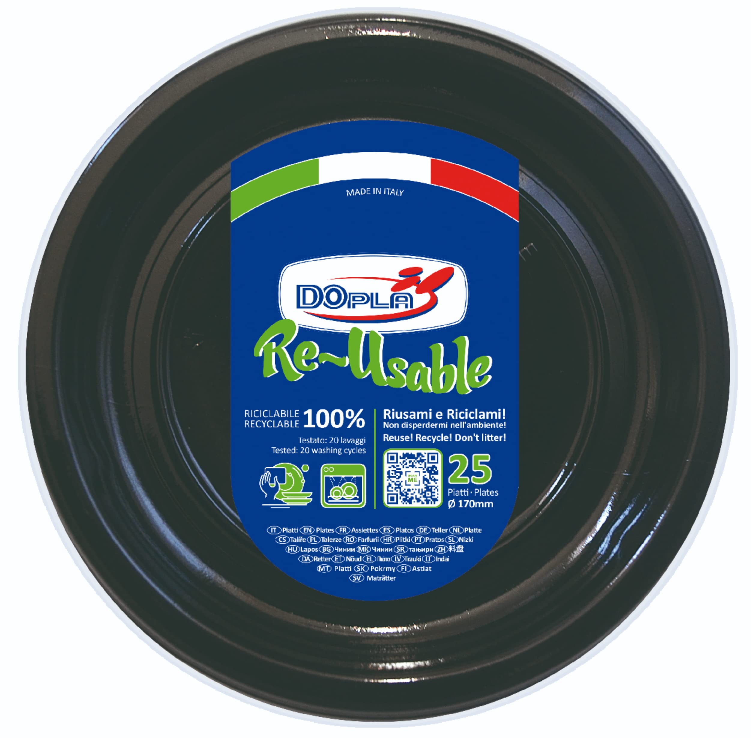 25 Piattini Di Plastica Riutilizzabili E Lavabili Neri Ø17 Cm Dopla