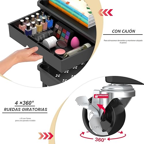 Miniatura 2 de Goovilla Organizador de carrito utilitario de 3 niveles con cajón extraíble, carritos de almacenamiento rodantes negros estables y resistentes con 2