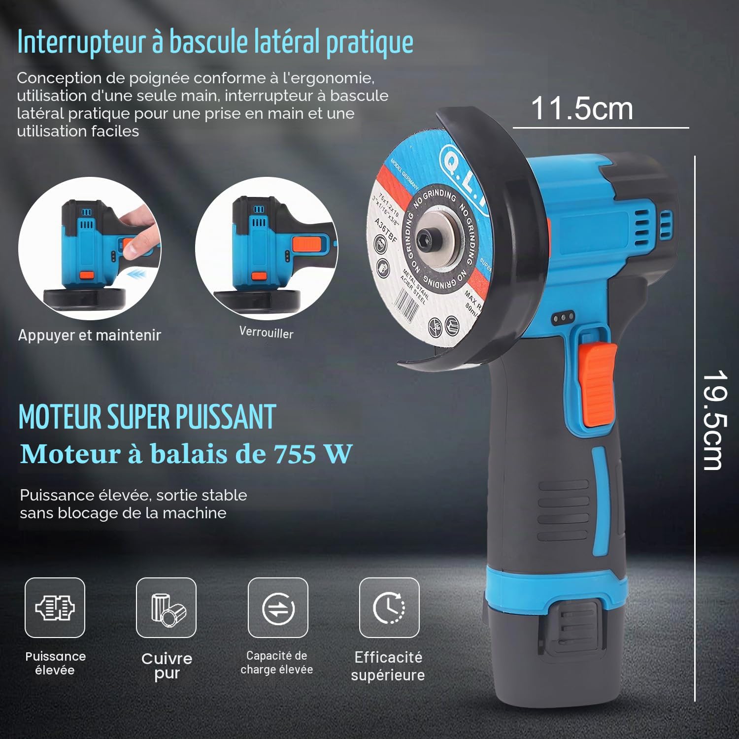Mini Meuleuse D'Angle Sans Fil 19500RPM 12V Professional Disqueuse Sans Fil avec 2 batteries 4500mAh, 7 Disques à Tronçonner 75mm, Meuleuse d'angle pour Couper, Polir et Poncer
