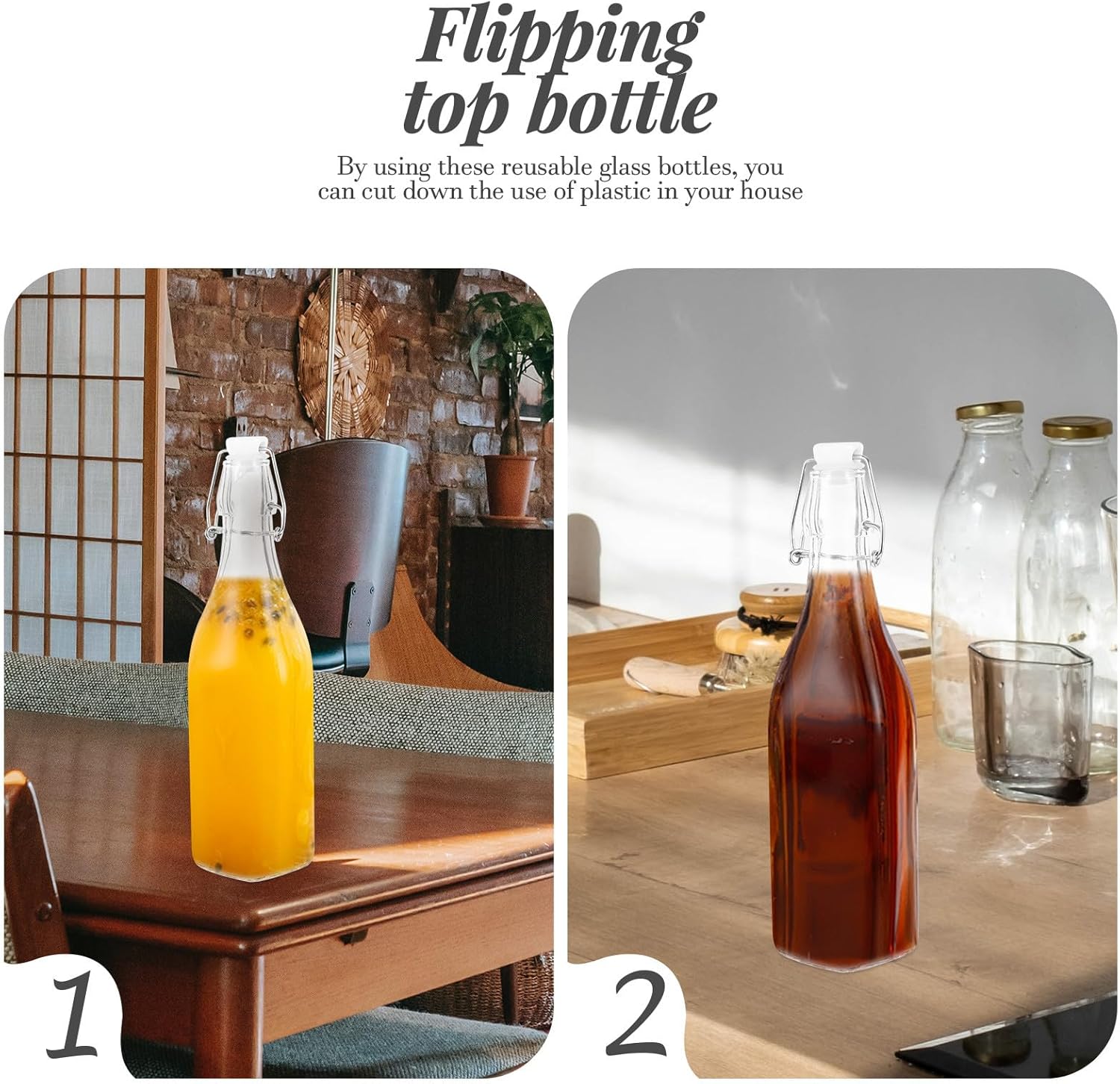 DOITOOL 2pcs 500ml Square Glass Oil Bottles with Flip-top Lid, Airtight Sealed Sauce and Beverage Dispensers for Kitchen Use