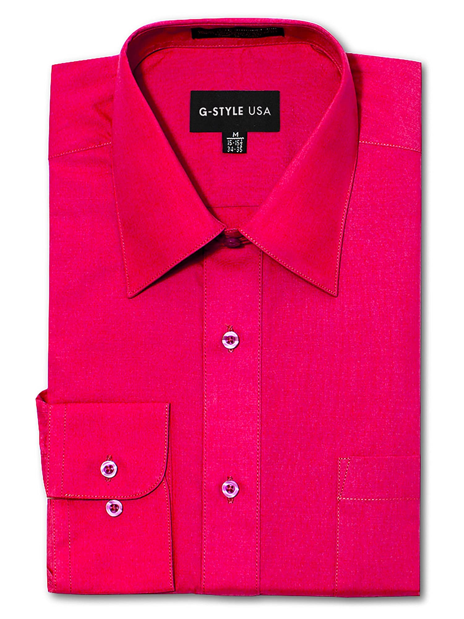 G-Style USAMen's Regular Fit Long Sleeve Solid Color Dress Shirts - Fuschia - 2X-Large - 34-35