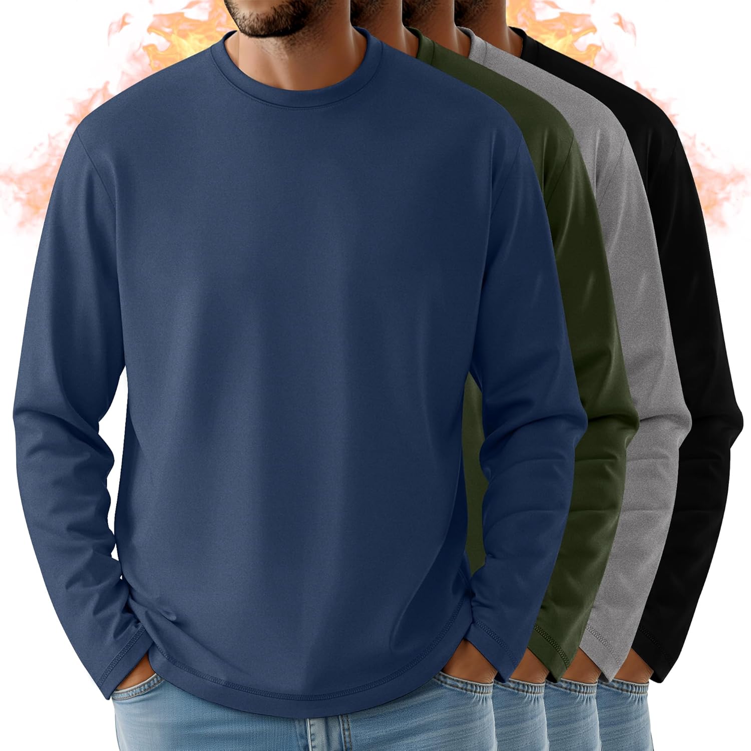 4 Pack Men's Big and Tall Long Sleeve Fleece Shirts, Crew Neck Thermal Sweatshirts Loose Casual Soft Basic Tops