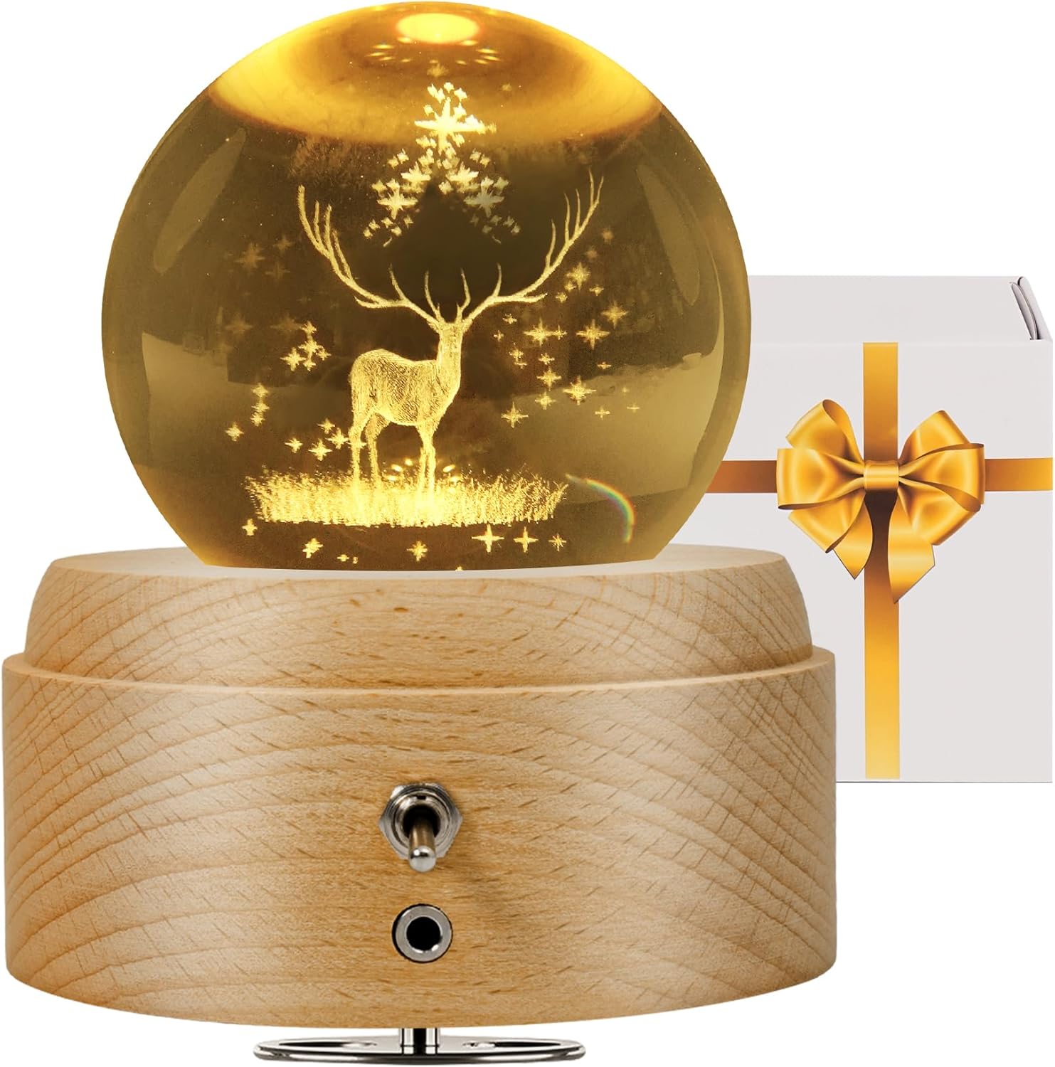 3D Crystal Ball Music Box, with Projection LED Lights, Rotating Wooden Base, Musical Box Gift for Birthday, Christmas, Valentine's Day, for Women Mom Daughter Girls (Deer)