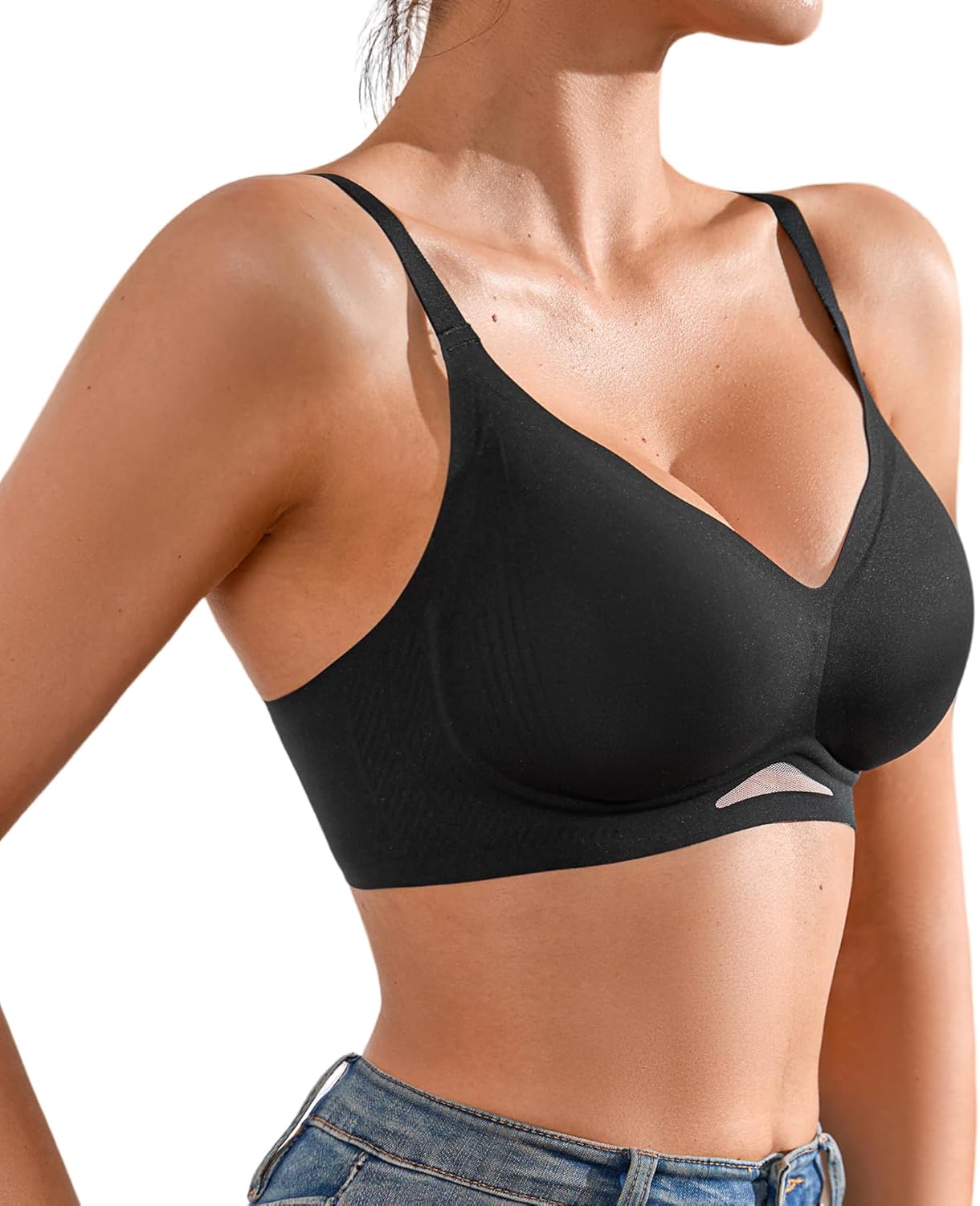 DEANGELMON Scalloped V Neck Wireless Bras for Women Seamless No Underwire Full Coverage Push Up Bras Soft Comfort Bralettes - Image 2