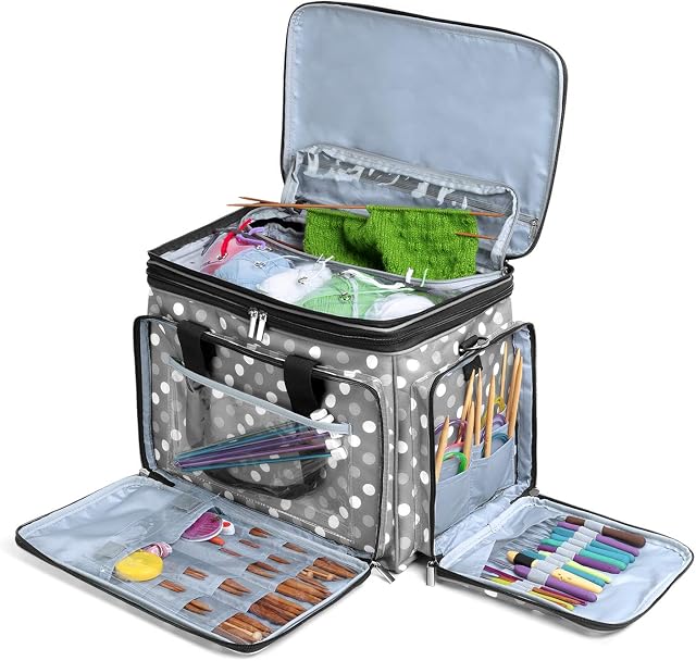 Luxja Knitting Bag, Yarn Bag with Cover, Yarn Storage Organiser for Carrying Projects, Knitting Needles (up to 14), Crochet Hooks and Other Accessories (Bag Only), Grey Dots