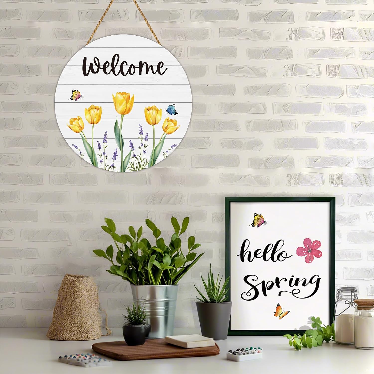 Spring Decorations for Home Spring Door Decor Butterfly Tulip Wall Decor Wooden Tulip Wreaths for Front Door Hanger Welcome Sign for Porch Wall Indoor Home Decor(Yellow)