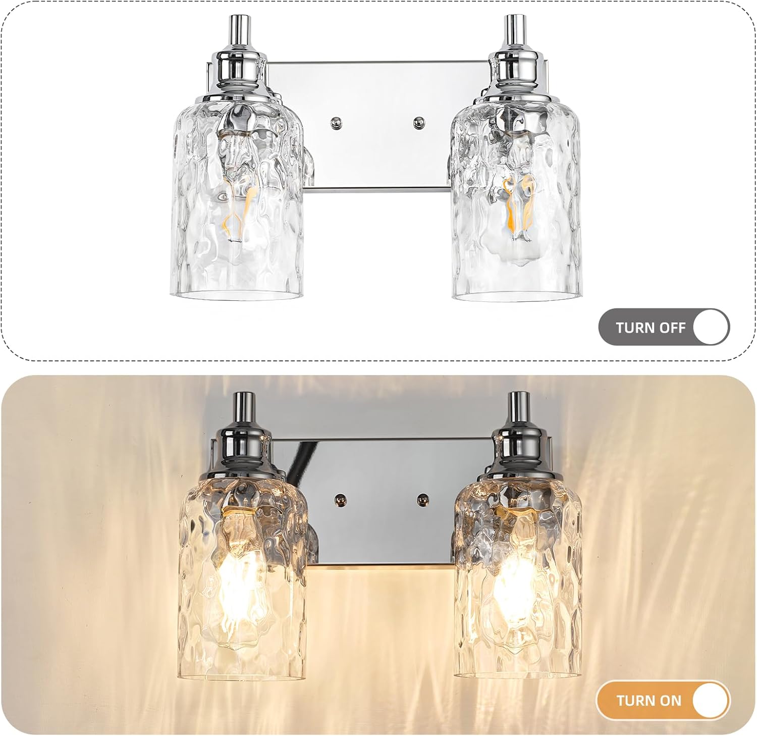 Bathroom Light Fixtures Over Mirror, 2 Lights Vanity Lights with Hammered Glass Shade, 12.7" Chrome Farmhouse Bathroom Light Fixtures for Bedroom, Porch, Hotel, Mirror Cabinet