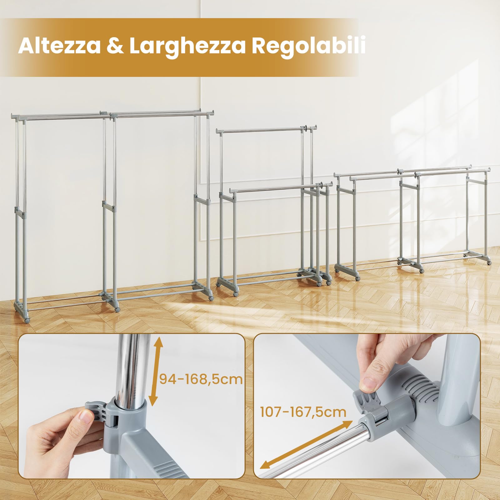 RELAX4LIFE Stand Appendiabiti con Ruote, Doppia Asta in Metallo con Altezza o Larghezza Regolabile, 4/6 Ruote Girevoli con 2 Bloccabili, Appendiabiti Robusto e Portatile per Lavanderia (Stile1)
