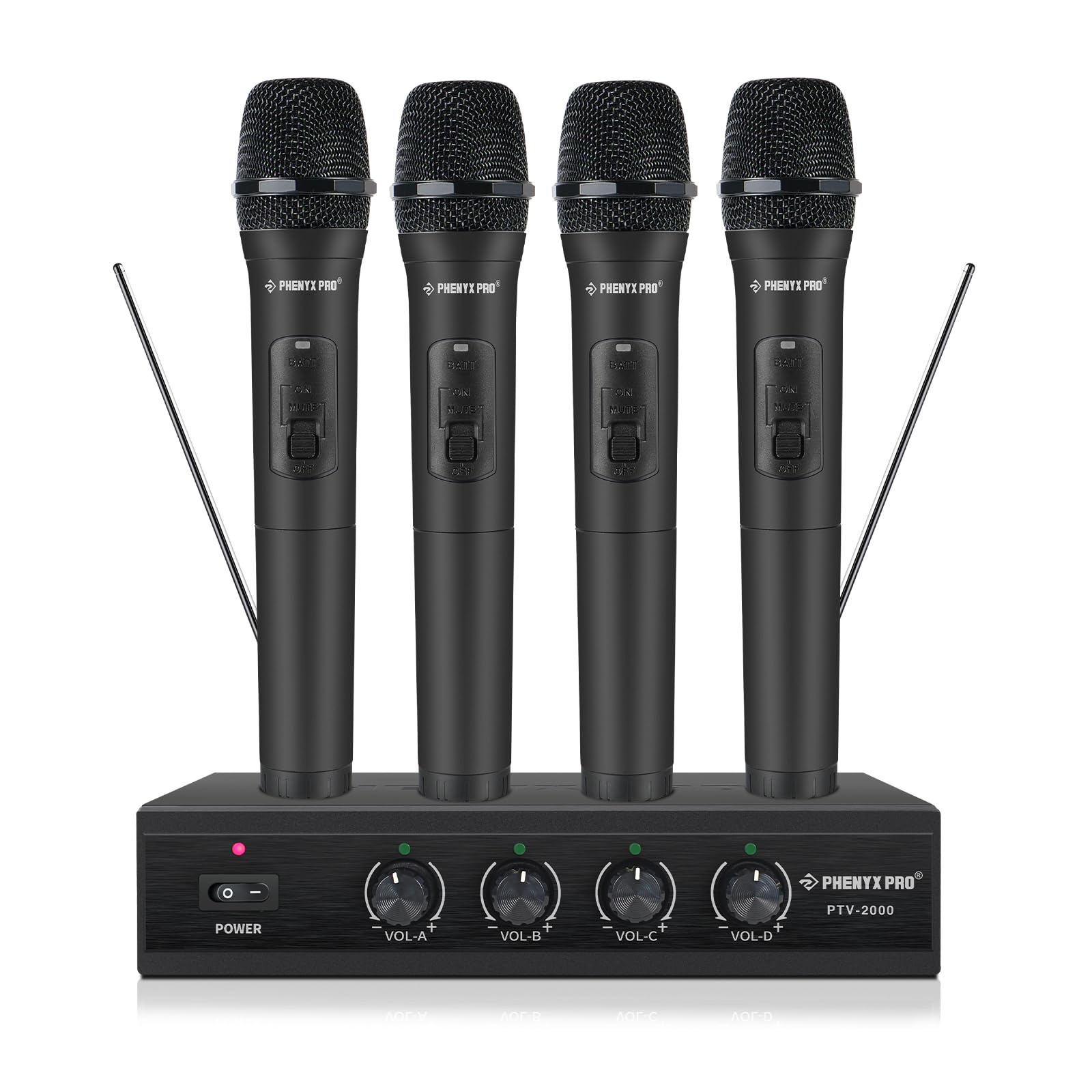 Phenyx Pro Wireless Microphone System, 4 Channel VHF Wireless Mics, w/ 4 Handheld Dynamic Microphones, Metal Receiver, Long Range, Mic for Singing, Karaoke, Church (PTV-2000-4H)