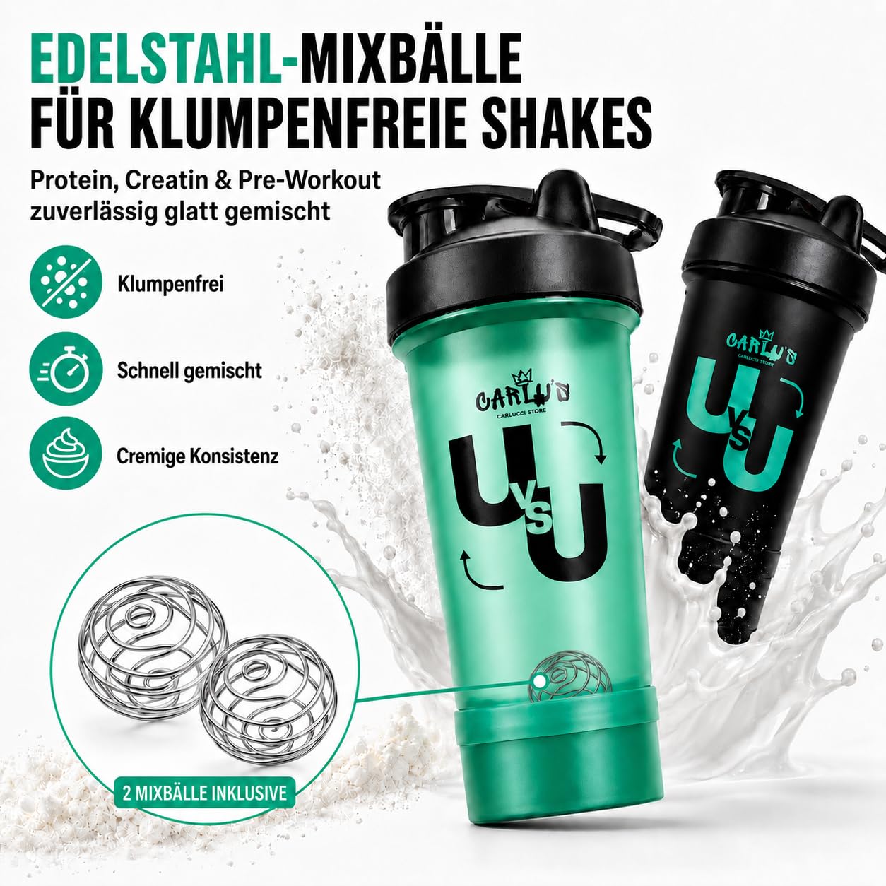 Carlu's Set di 2 shaker per proteine da 500 ml, 4 contenitori per polveri, 2 sfere di miscelazione in acciaio inox e 2 organizer per pillole, senza BPA, a prova di perdite, lavabile in lavastoviglie