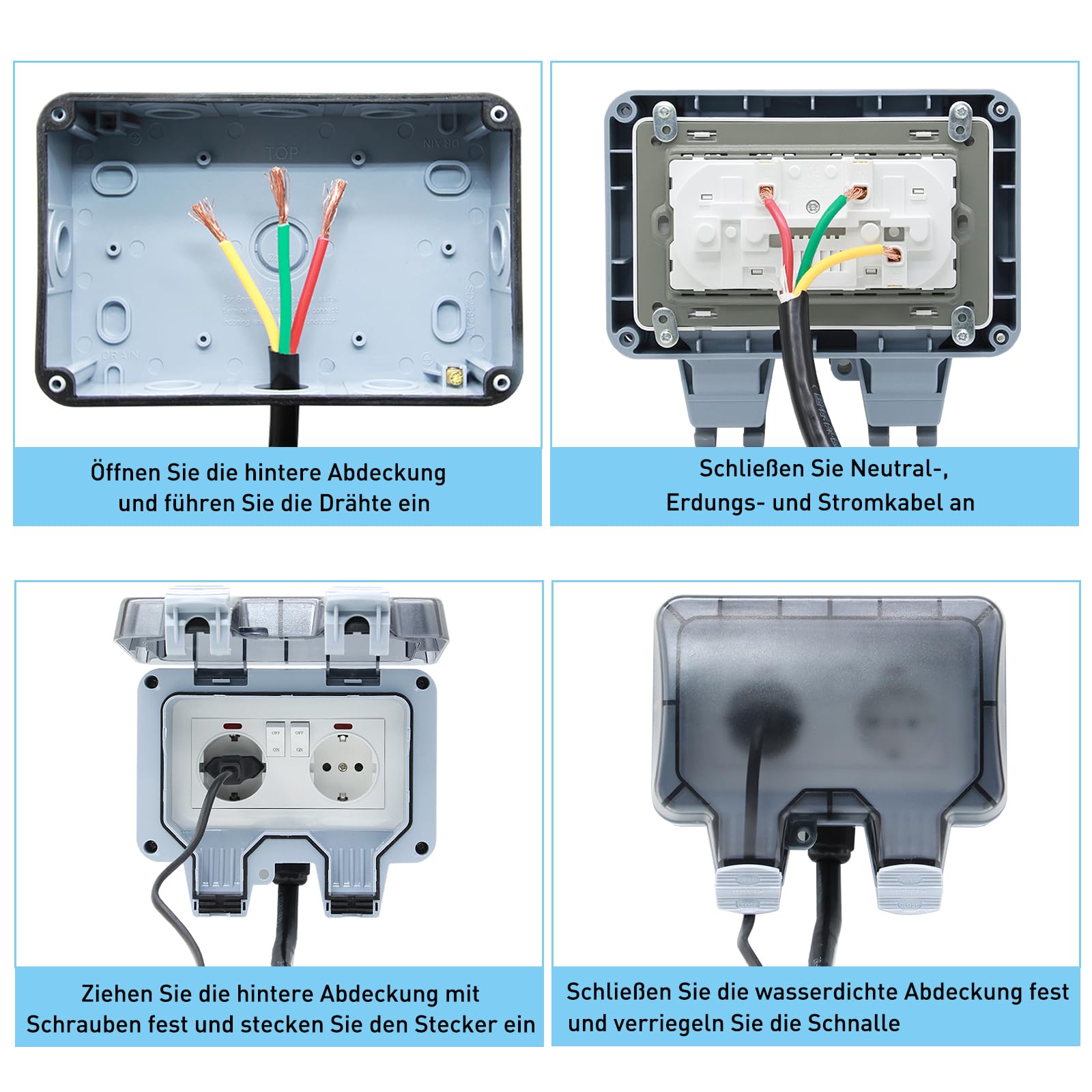 Enchufe exterior resistente al agua IP66, 1 compartimento con interruptor, luz de control, enchufe de pared, para ambientes húmedos, protección de contacto, enchufe de jardín, resistente al polvo