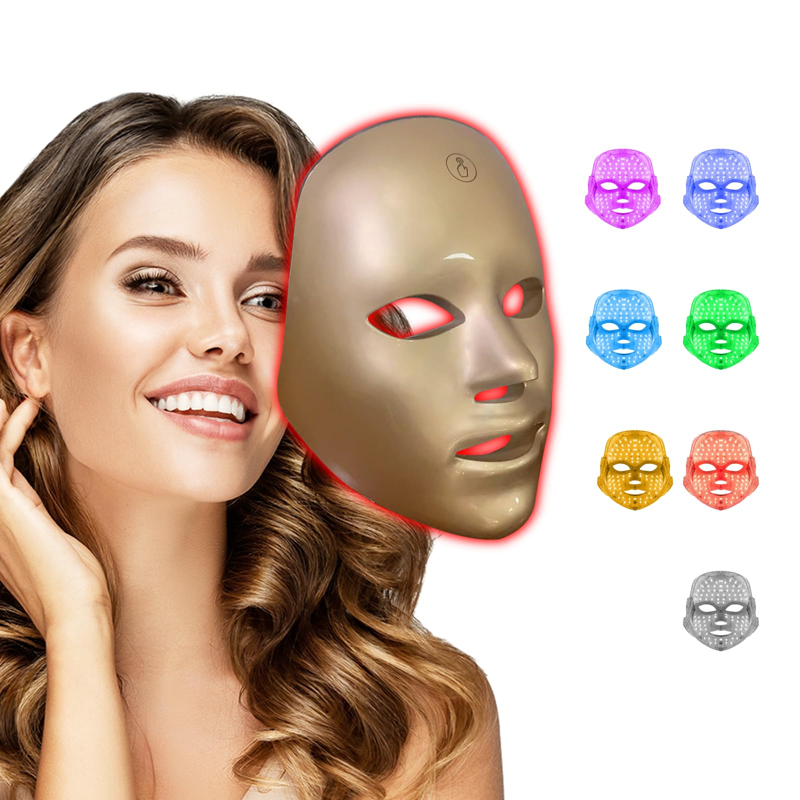 BeaRay LED Face Mask Light Therapy – 7-in-1 Colors Facial Skin Care Mask for At-Home Use, Portable, Cordless & USB Rechargeable (Gold)
