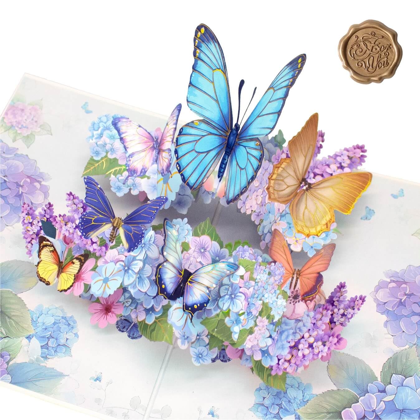 FUDE LUO® Handmade 3D Butterfly Hydrangea pop up card with Gold Foil Butterflies and Endless Summer Design, All-Occasion Card for Wife, Husband,