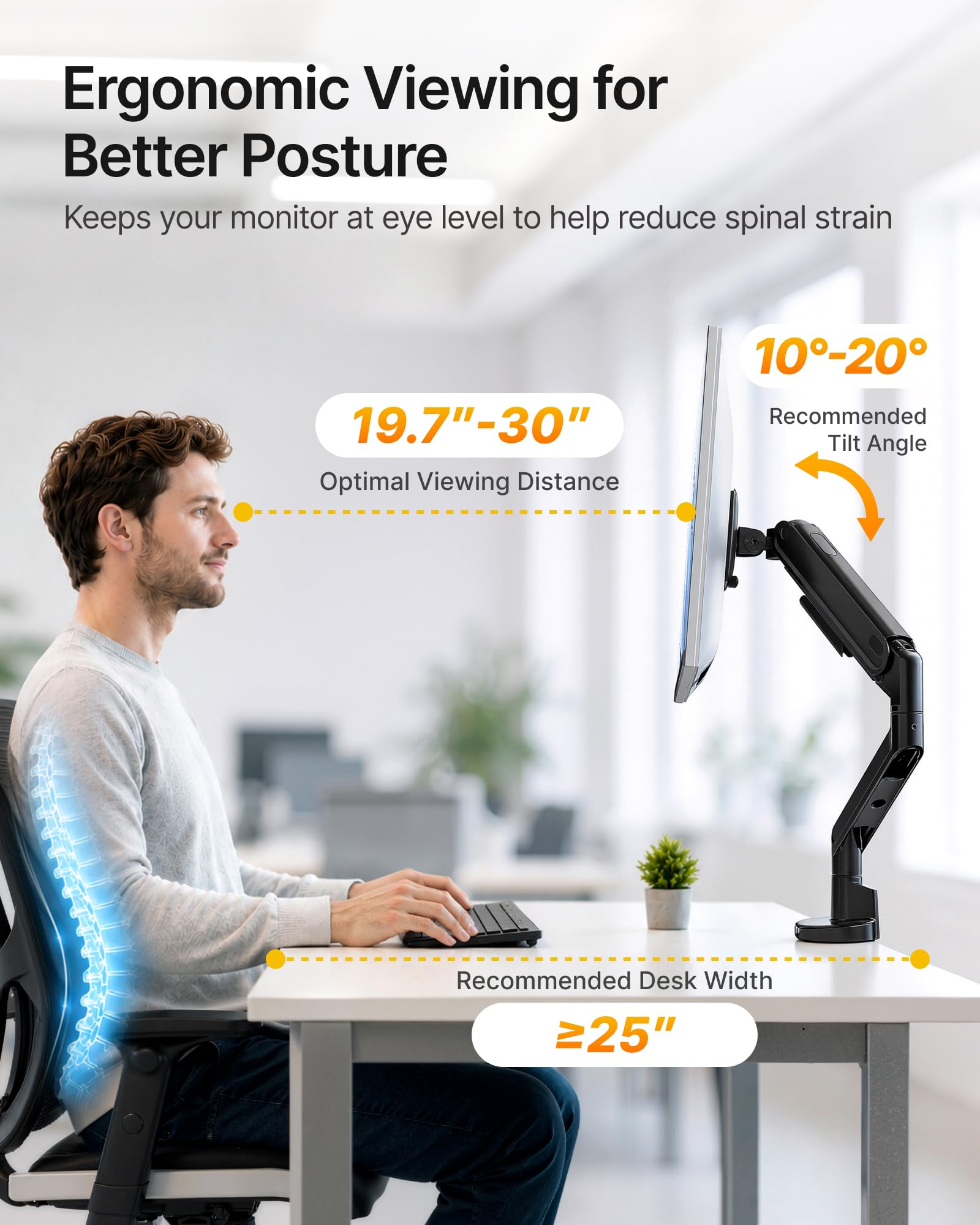monTEK Braccio singolo per monitor con USB A/C, supporto regolabile per impieghi gravosi per schermi da 17″ a 40″, braccio Full Motions molla meccanica può contenere fino a 12 kg, VESA 75x75/100x100