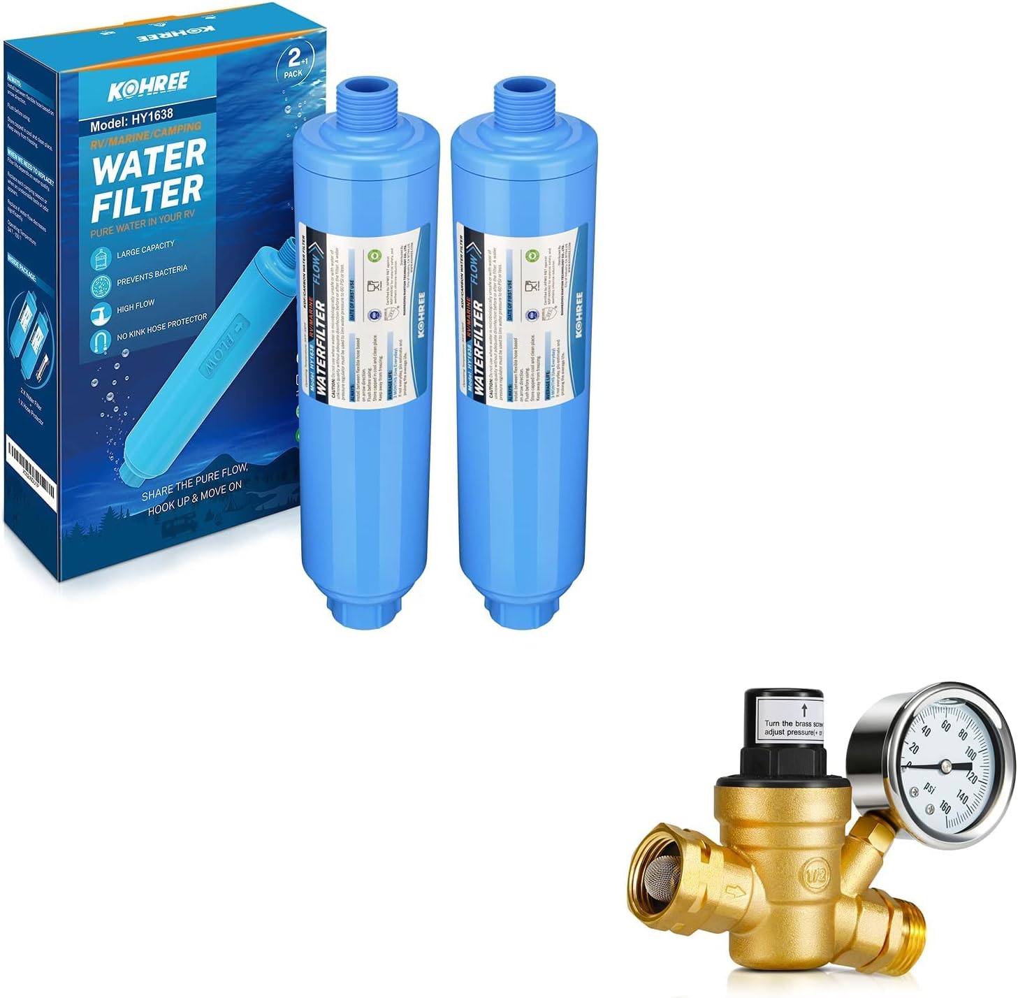 Bundle Kohree RV Water Filter 20 Micron Marine Inline Water Filter 2 Pack for RV