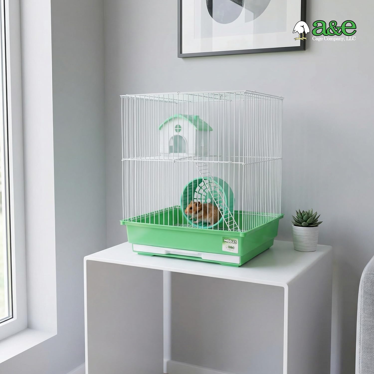 A&E Cage Co HAM007-SP Two Story Hamster Cage – 14" x 11" x 15" Small Animal Habitat with Exercise Wheel & Play House – Hamster, Gerbil & Small Pet Cage with Slide-Out Tray (Green & White)