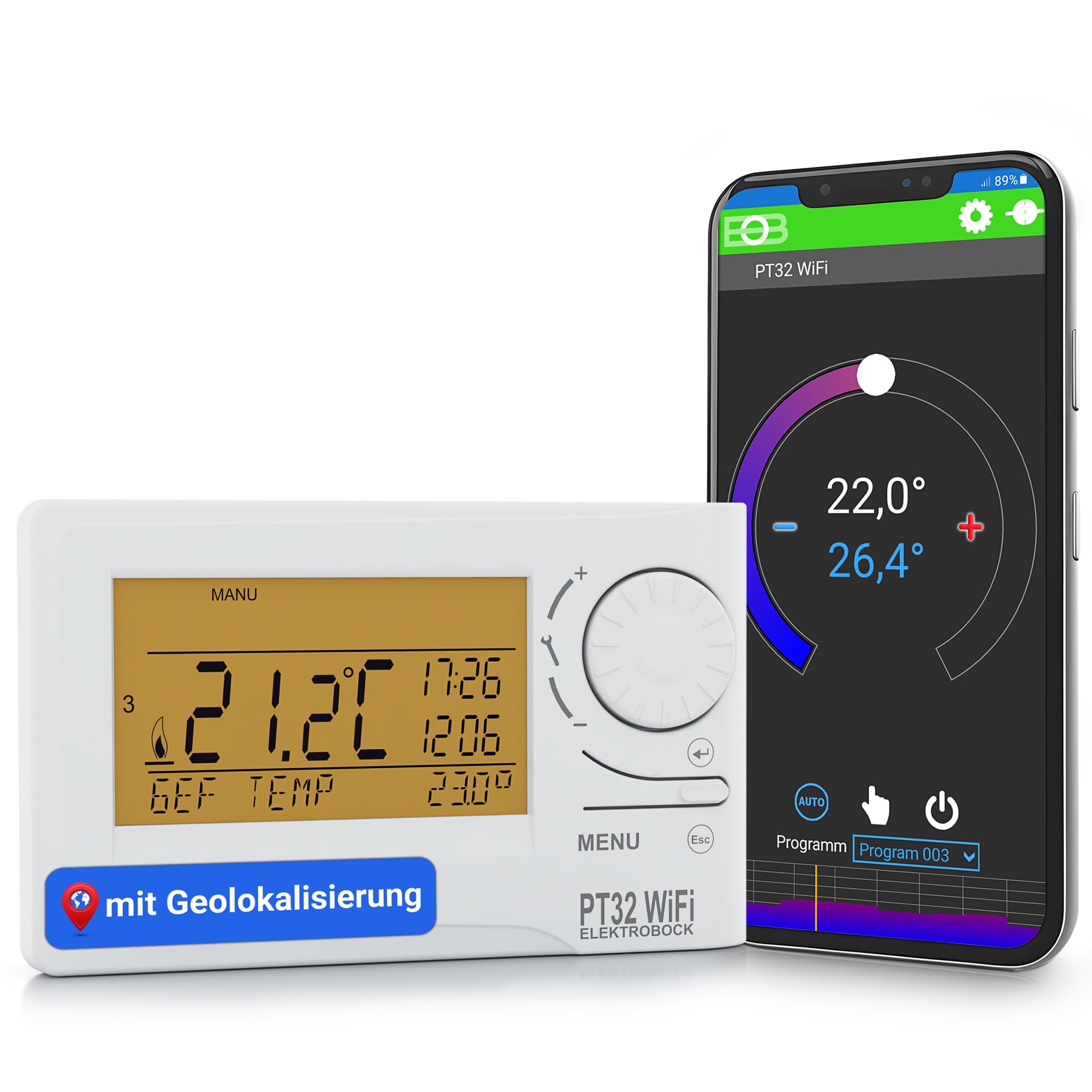 ELEKTROBOCK PT32 WiFi - Digitaler Raumthermostat mit Geolokalisierung - 𝑳𝓐𝑵𝐆𝑳𝜠𝓑𝑰𝐆 - Intelligentes programmierbares Wandthermostat mit App oder manuell - 9 Wochenprogramme, Weiß