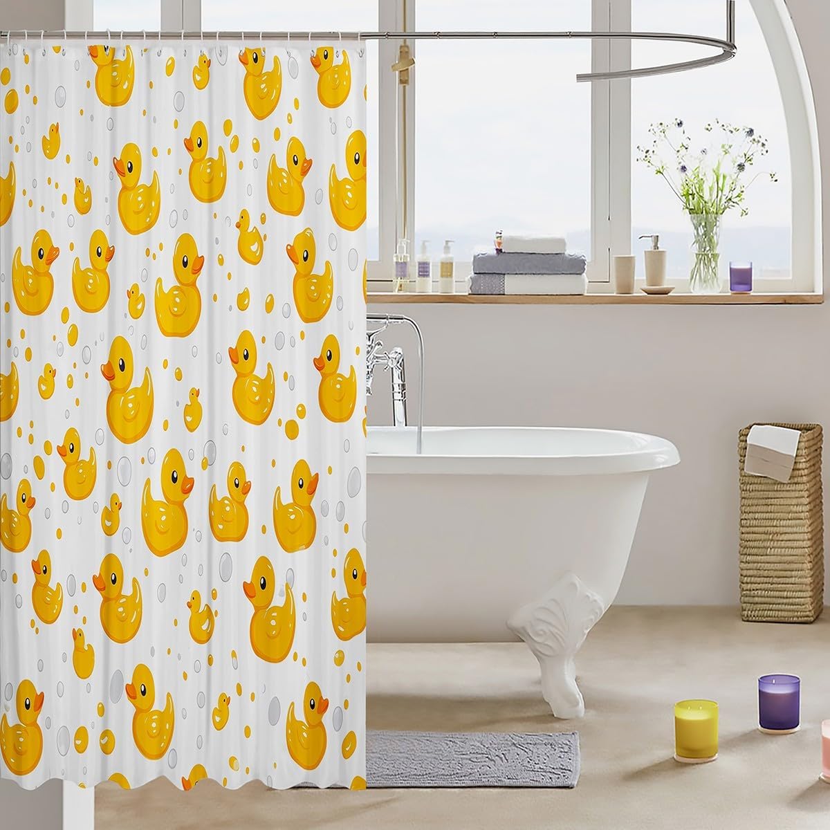 Erosebridal Cute Yellow Duck Shower Curtain Set,Kawaii Rubber Duck Bathroom Decor for Kids Girls Boys,Cartoon Animal Bathroom Set,Pet Lover Gifts Funny Ducks Fabric Shower Curtain 72 x 84 Inch