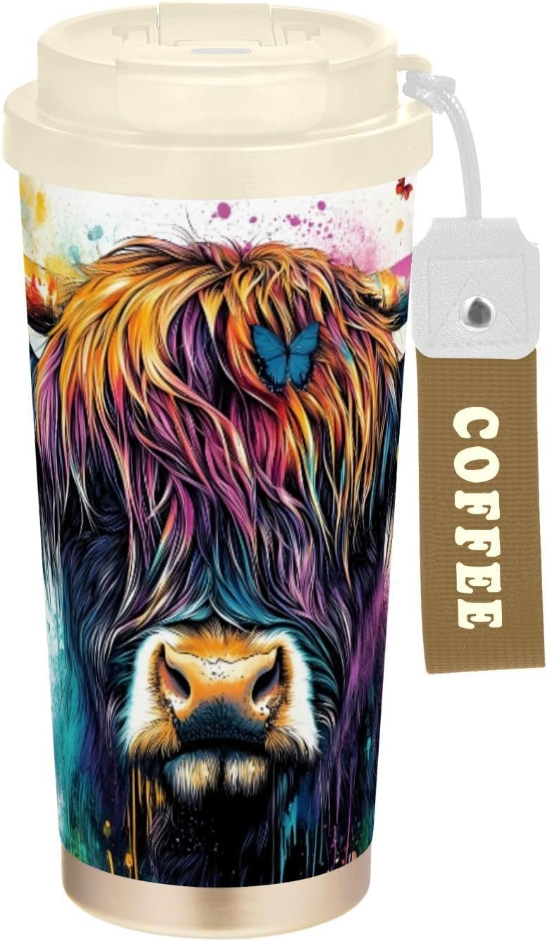 Insulated Coffee Mug Highland Cow Butterfly Art with Straw & Flip Lid, 16.9oz Iced Tumbler Cup, Double Wall Vacuum Mug for Travel Office Camping