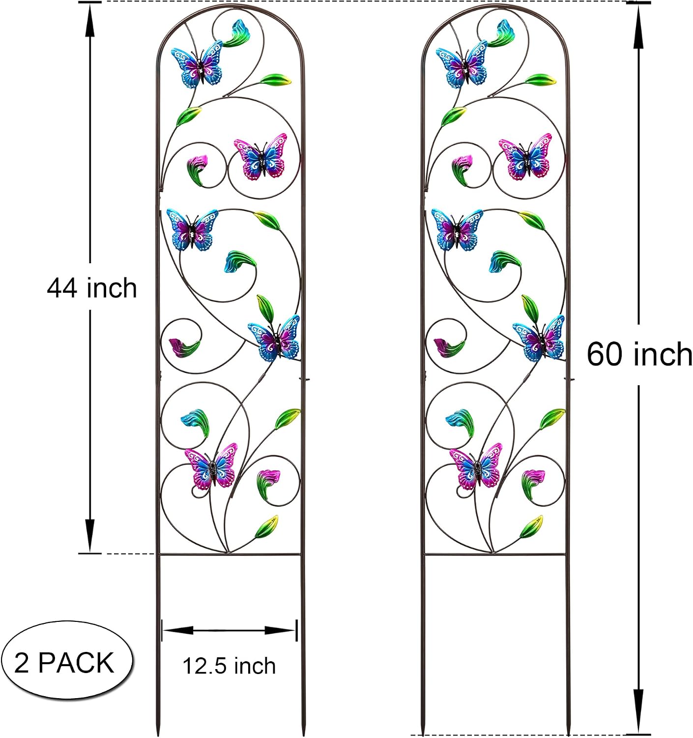 Set of 2 Metal Butterfly Garden Trellis for Climbing Plants, Decorative Vegetables Flowers Vine Trellis for Outdoor Patio, 60'' H x 12.5'' W, Elegant Design (Butterfly)