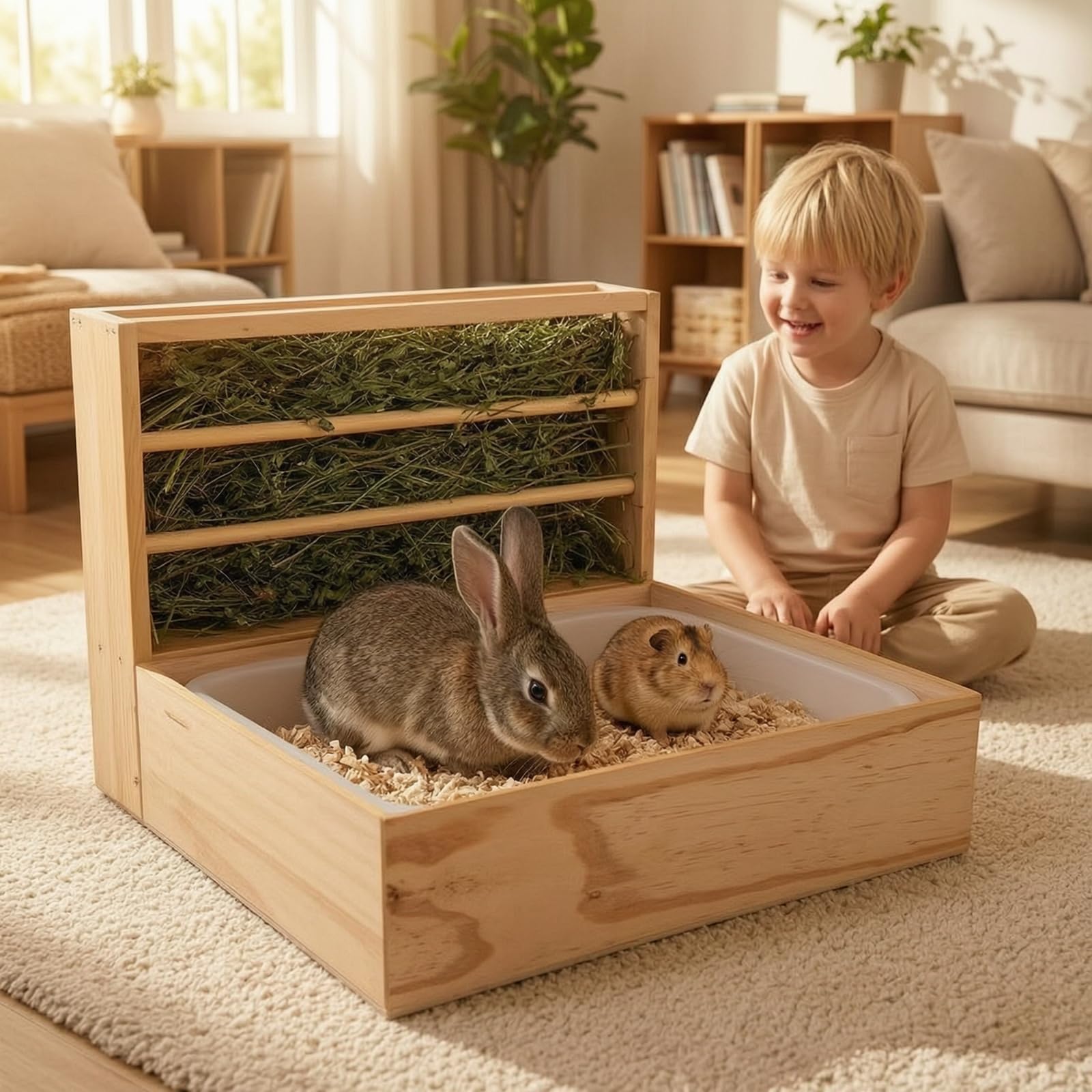 Baoblaze Dispensador de para Cobayas Conejos Hámsteres y Chinchillas con Alimentador Organizador Tolva y Bandeja Extraíble de Madera Adecuado para Jaulas Domésticas y Áreas de Juego Interiores