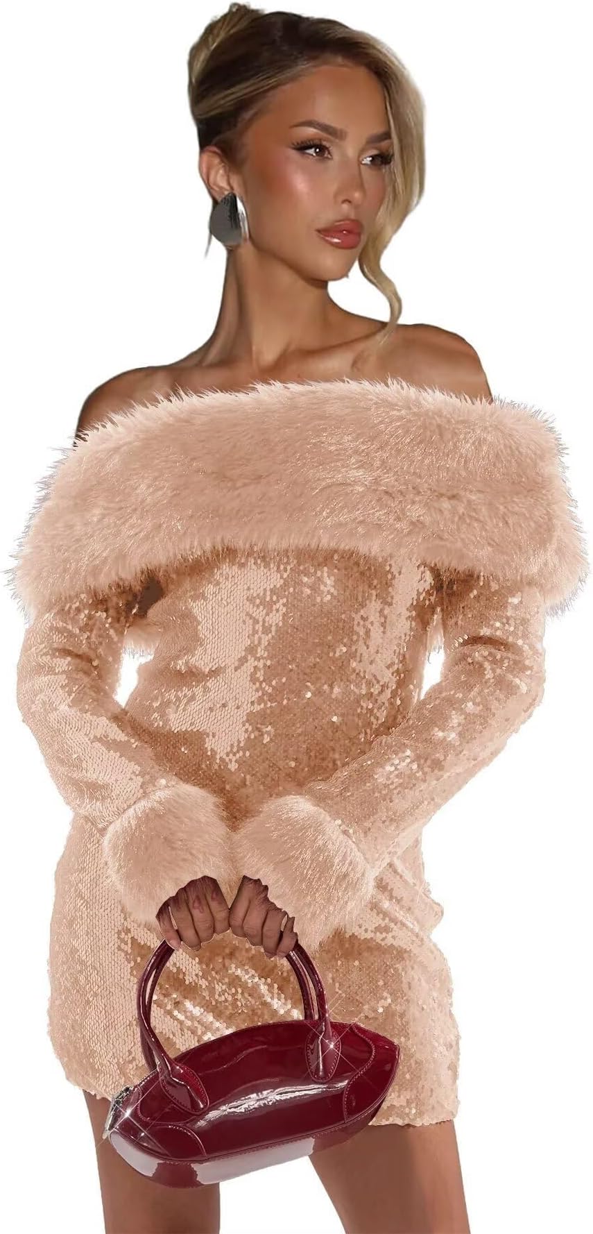 Off Shoulder Sequin Short Prom Dresses for Women Long Sleeve Bodycon Cocktail Party Dress with Fur BSXW91