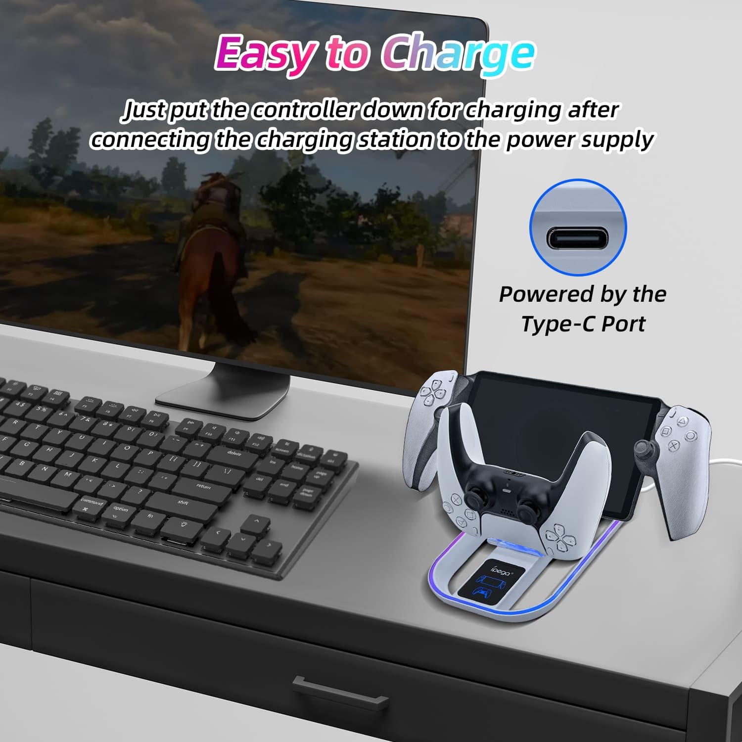Mcbazel Base de Carga para PS Portal Remote Player y Controlador PS5, Soporte de Carga Portátil con 14 Modos de Luces RGB para Consola PS Portal Remote Player/Controlador PS5
