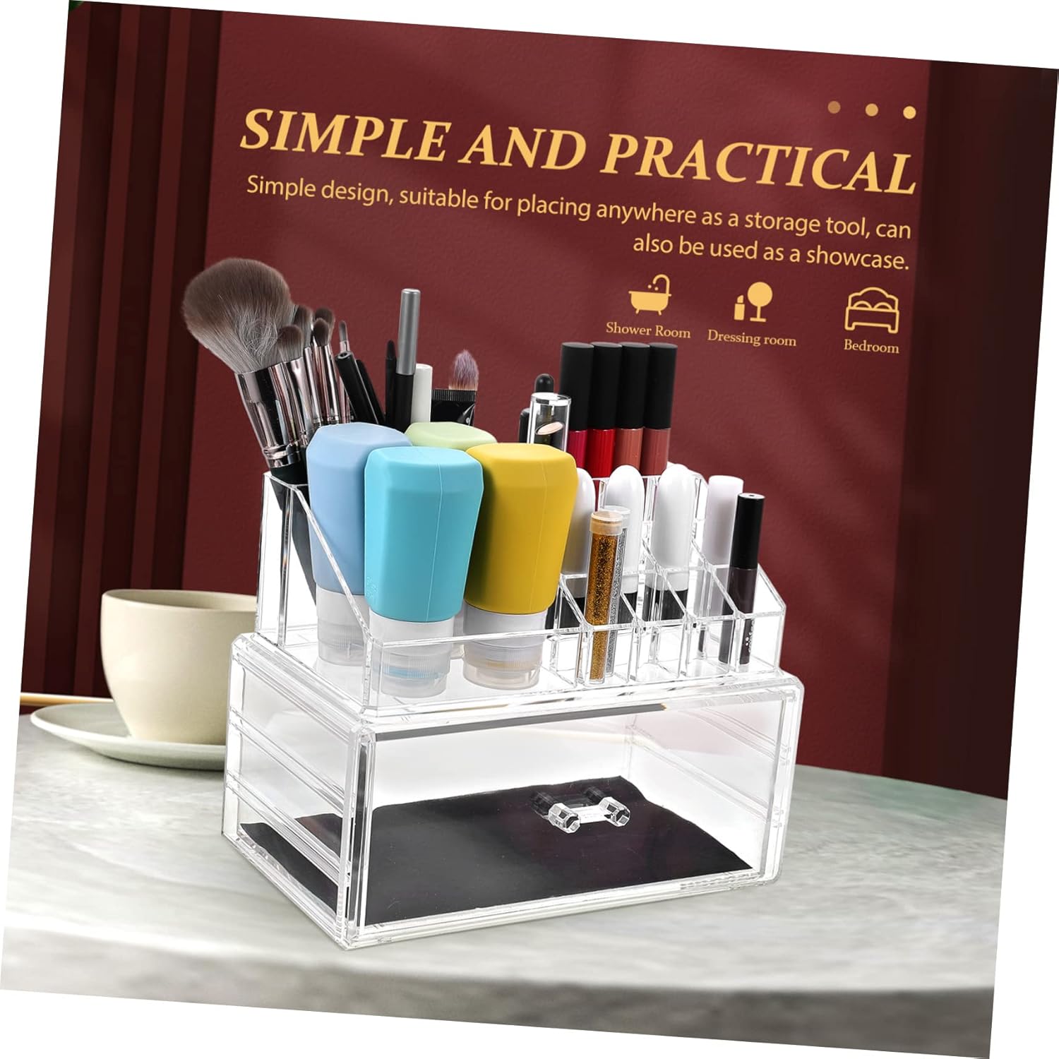 GALPADA Desktop Drawer Cosmetic Box Organizer for Jewelry and Makeup Storage Acrylic Display Case Lid Multi-Functional Storage for Home and Vanity