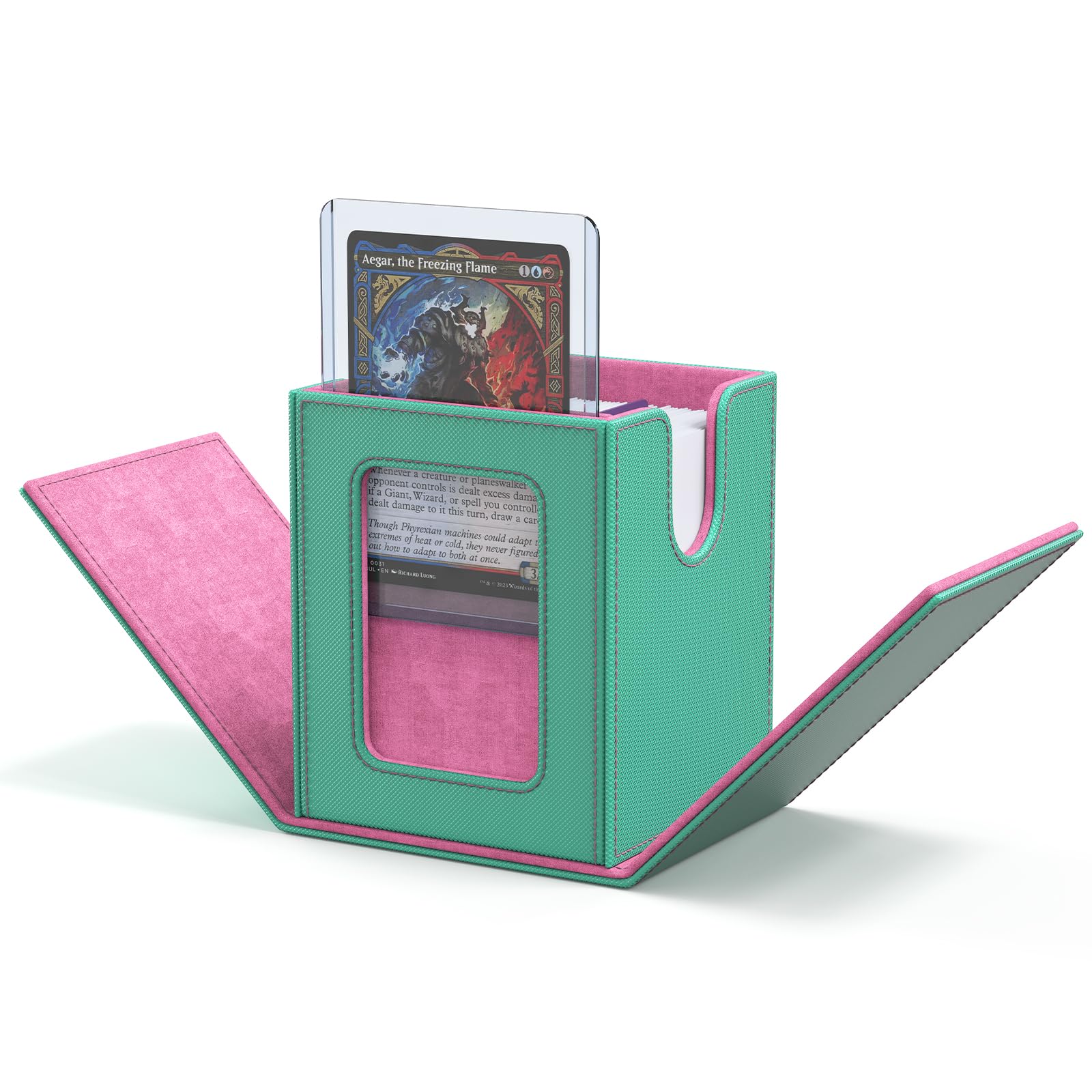 ZLCA MTG Deck Box with Commander Window Display, Trading Card Storage Box Holds 100 Double-Sleeved Cards Suitable for TCG/CCG/PTCG/EDH/Magic/Sport Cards (Aqua&amp;Pink)
