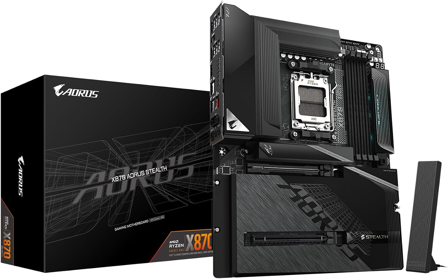 X870 AORUS Stealth Reverse-Connect ATX Motherboard, Support AMD Socket AM5 Processors, DDR5, 16+2+2 Power Phase, 4X M.2, PCIe 5.0, USB4, WIFI7, 5GbE, PCIe EZ-Latch Plus, 5 Year Warranty