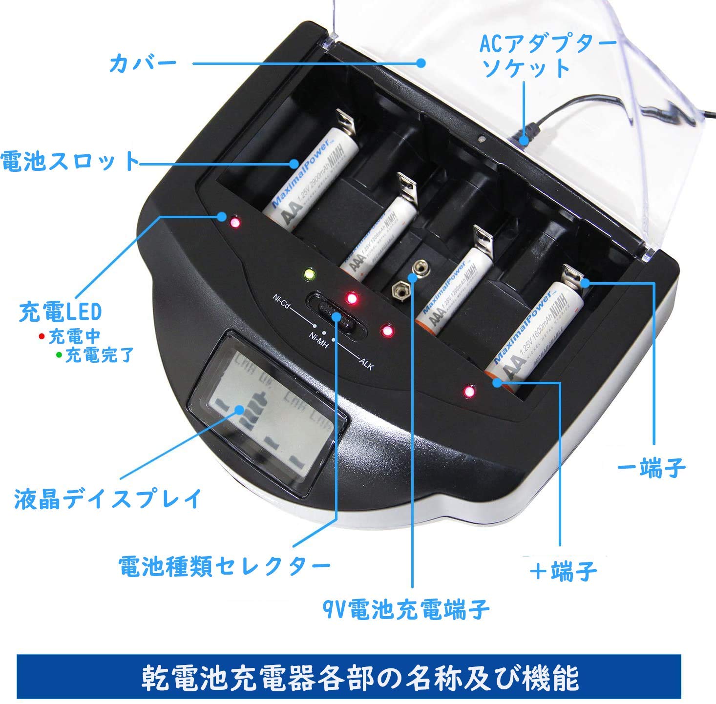 Amazon | 電池充電器 アルカリ ニッケル水素 ニッカド電池 充電器 単1  