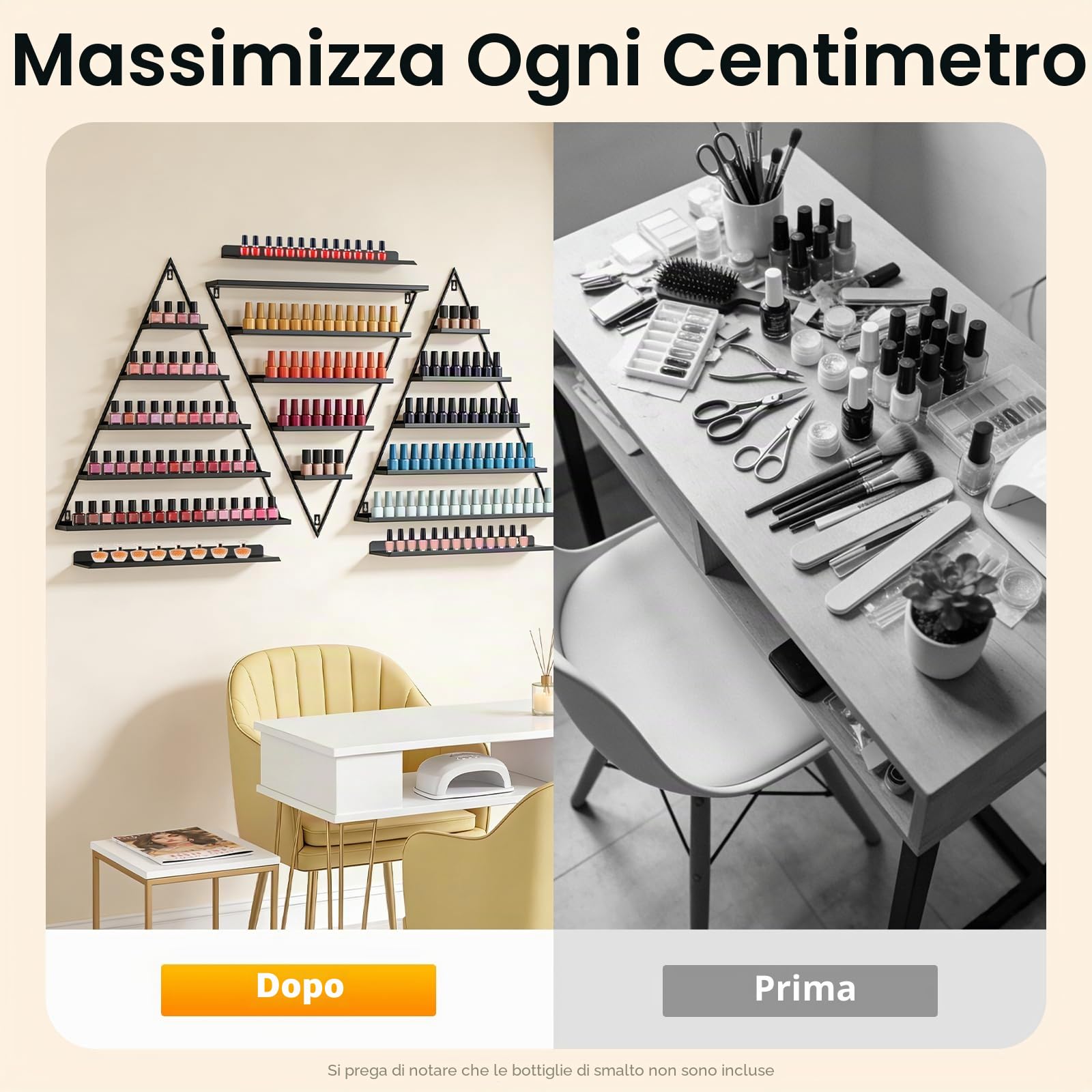 Set di 3 scaffali per smalti da parete in metallo, organizer per smalti dorati, a forma di diamante (nero)