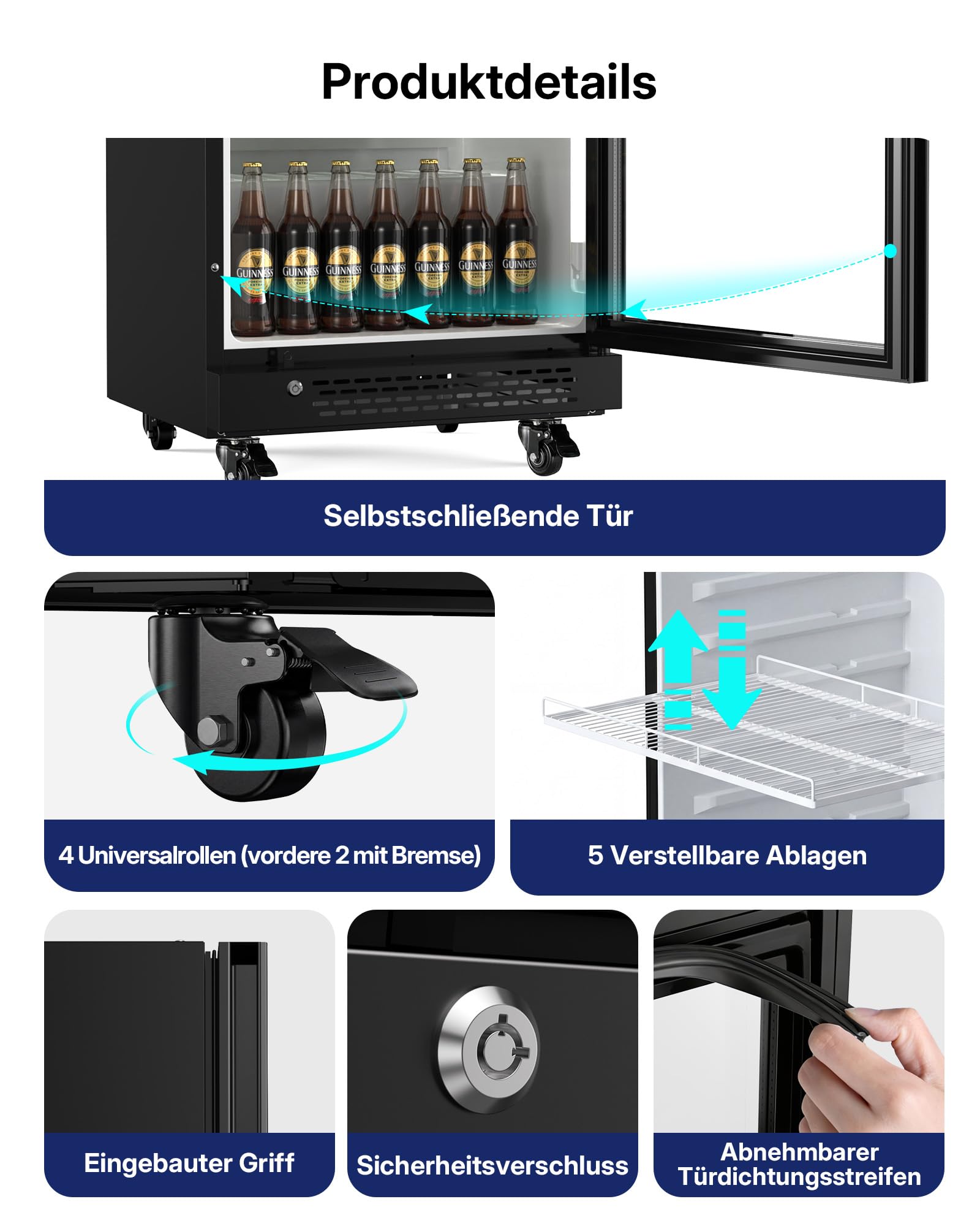 Upstreman 345L Getränkekühlschrank mit Glastür, LED-Beleuchtung, höhenverstellbaren Regalen, Sicherheitsschloss, Lenkrollen, D345 Schwarz